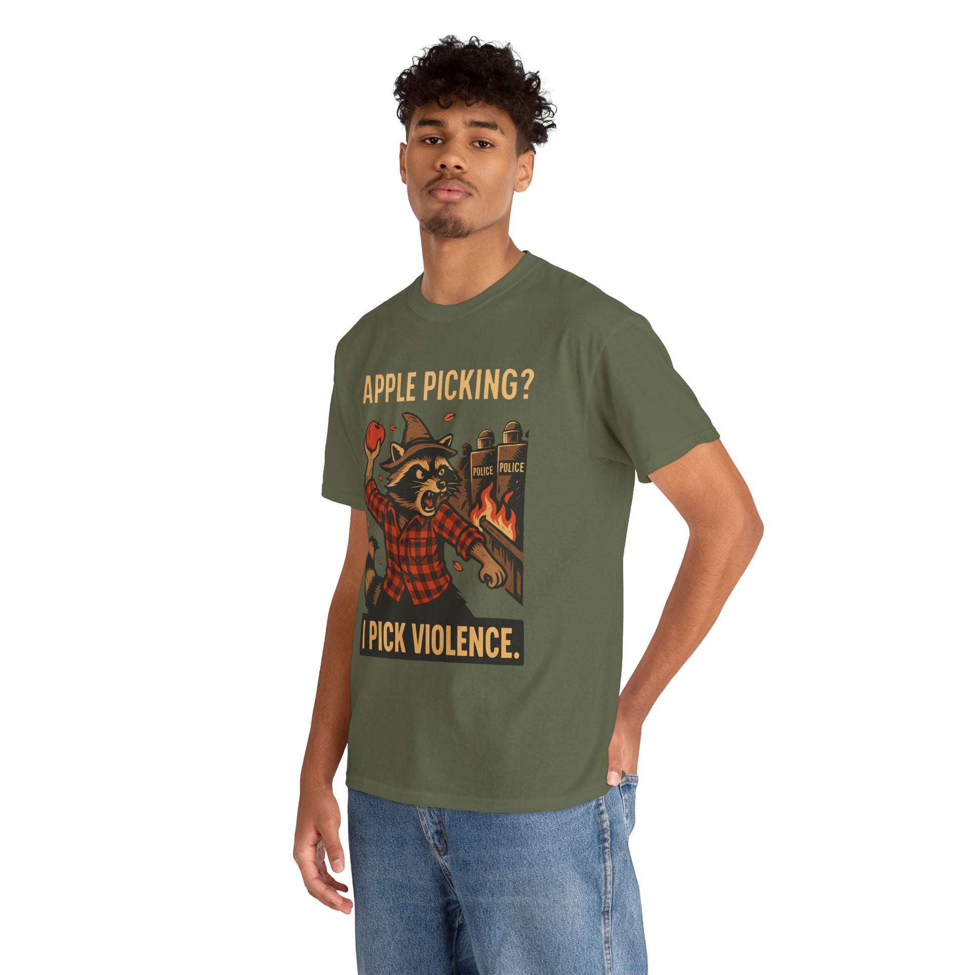Apple Picking? I Pick Violence Shirt – Angry Raccoon Riot Tee – Fall of Humanity Collection – Trash Cult Supply Co.