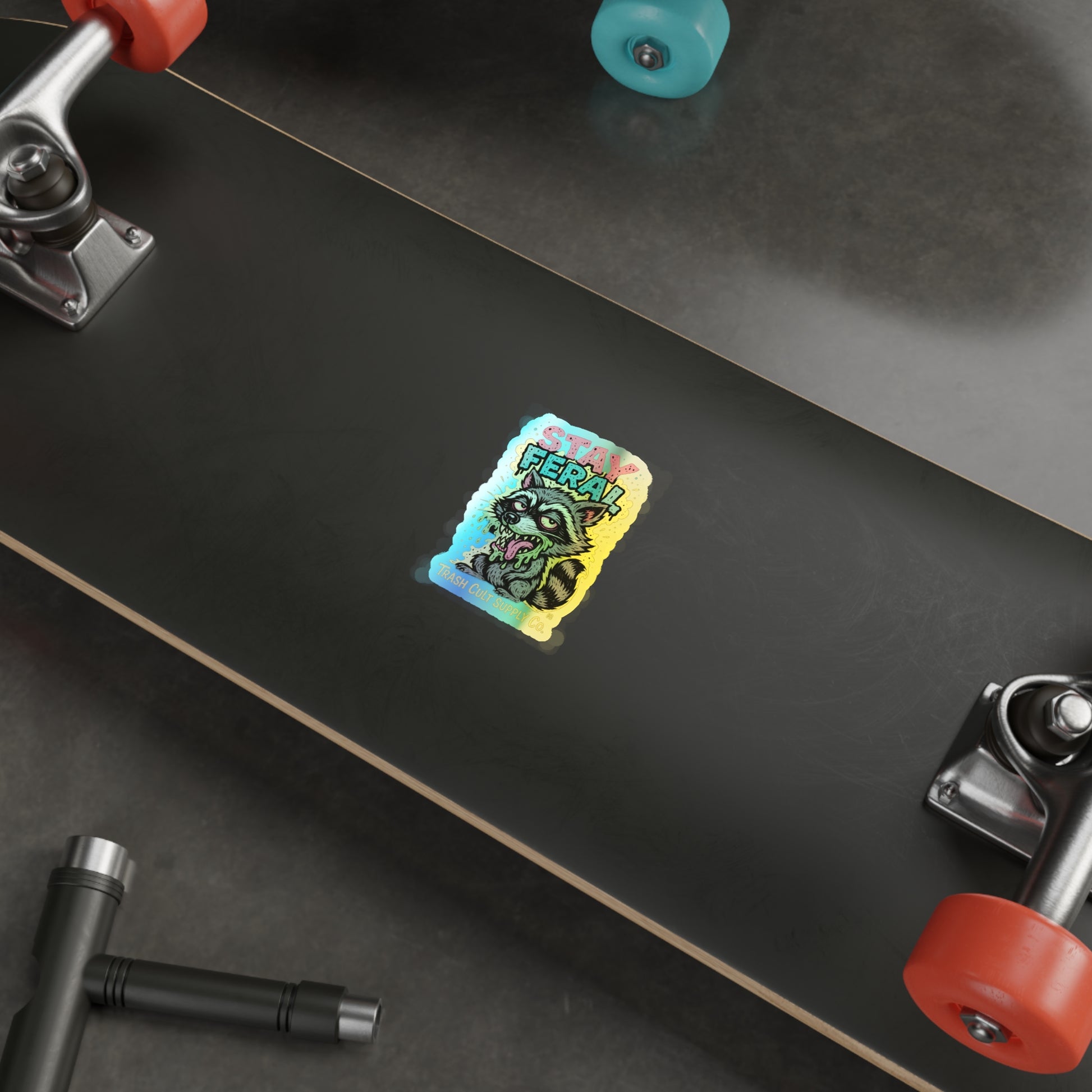 Holographic Die-Cut Stickers - Stay Feral, Fun Decor, Skateboard Accessories, Cool Vibe, Gift for Animal Lovers, Distinctive Art
