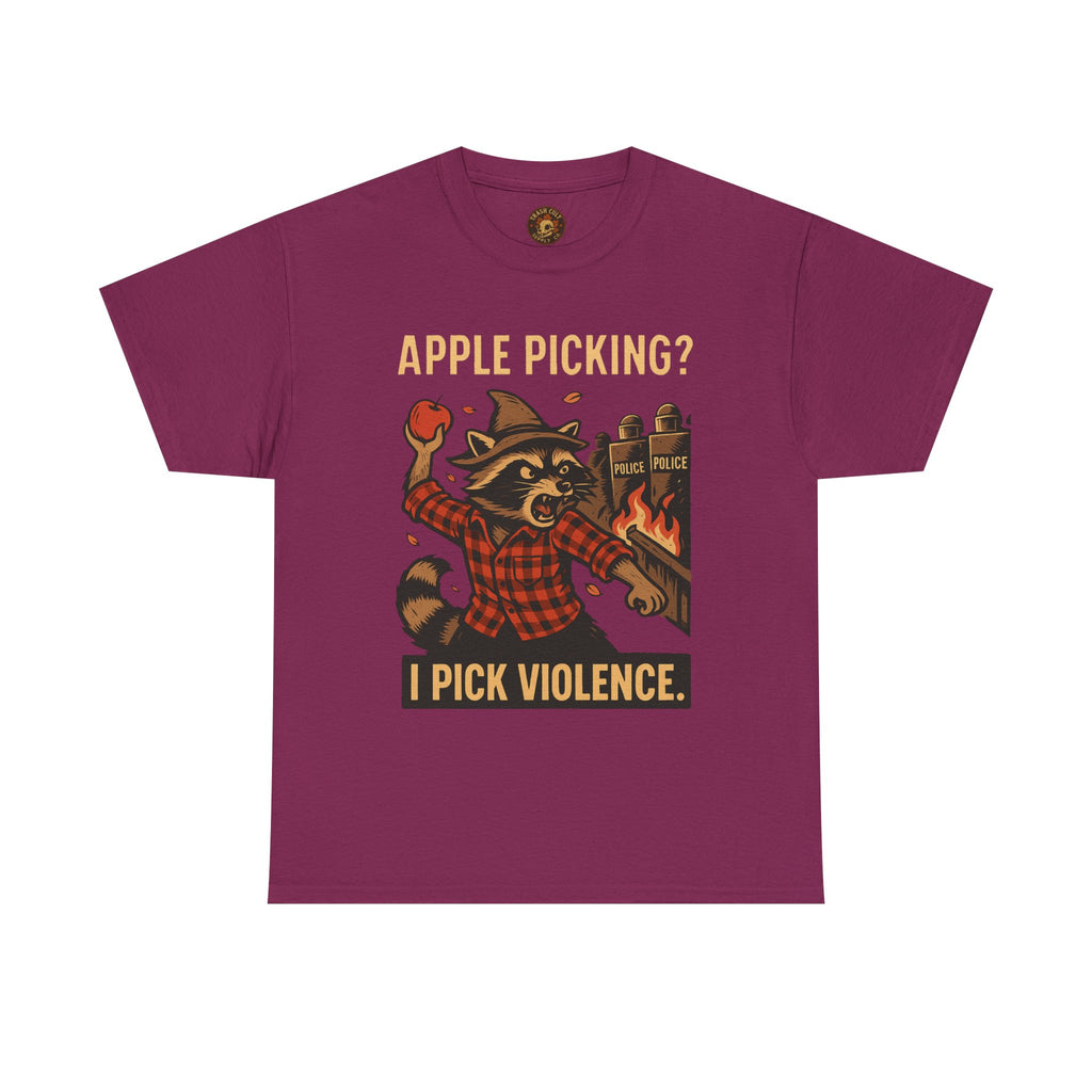 Apple Picking? I Pick Violence Shirt – Angry Raccoon Riot Tee – Fall of Humanity Collection – Trash Cult Supply Co.