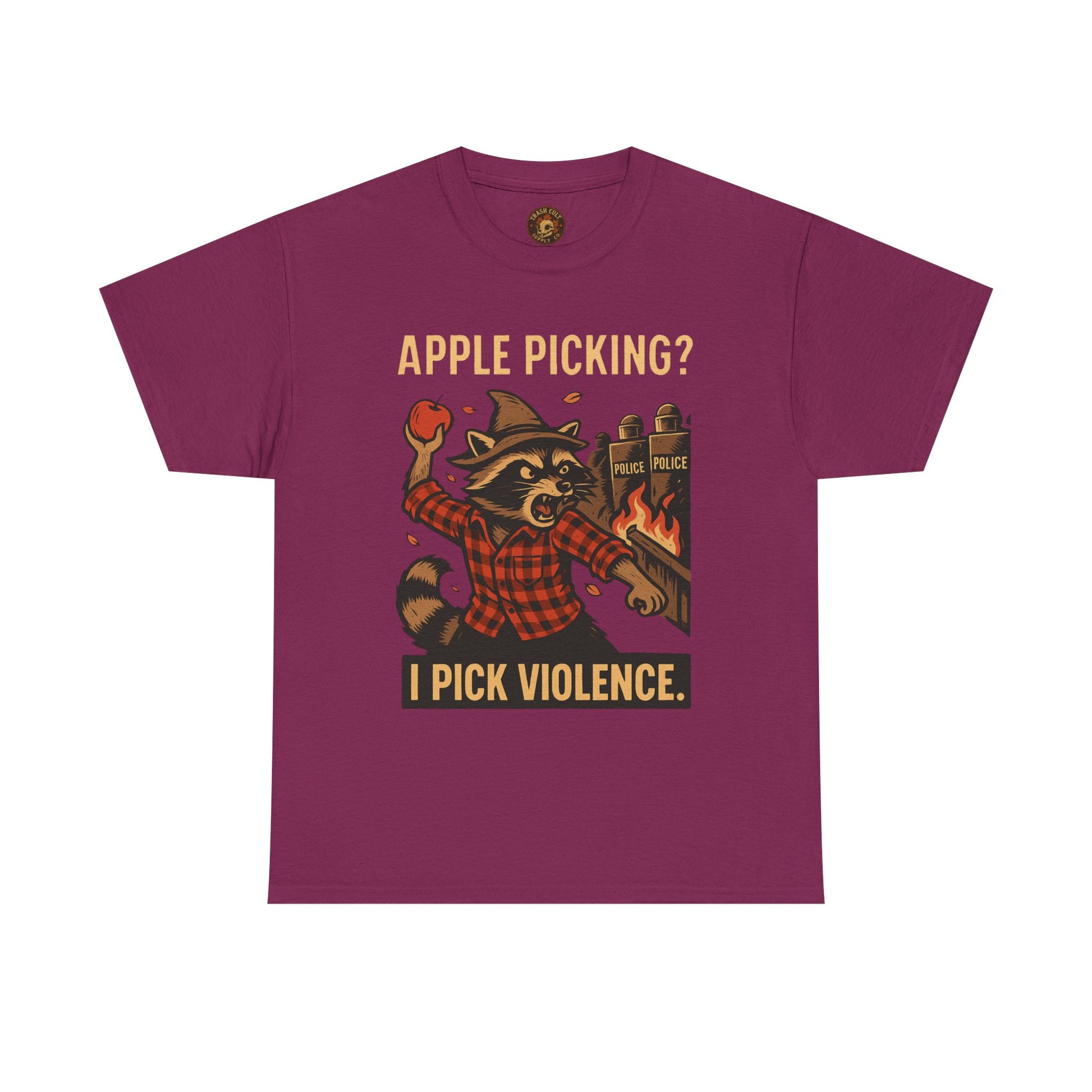 Apple Picking? I Pick Violence Shirt – Angry Raccoon Riot Tee – Fall of Humanity Collection – Trash Cult Supply Co.
