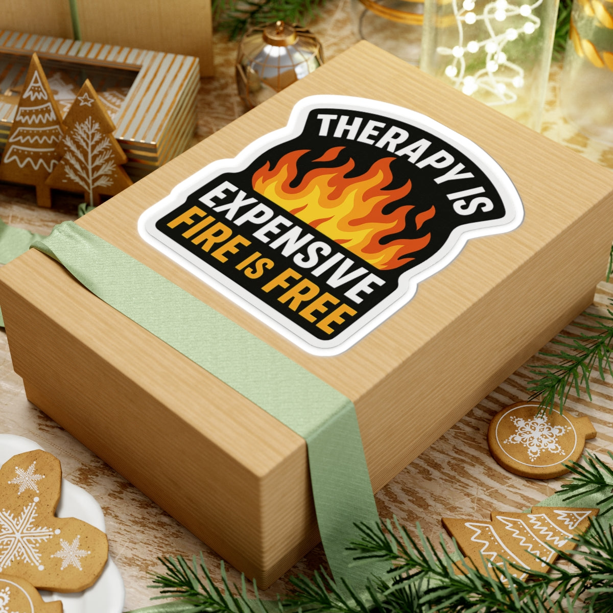 Therapy Is Expensive Fire Is Free – Funny Firefighter Sticker – Glossy Kiss-Cut Vinyl Decal for Helmets, Gear, and Dark Humor Gifts