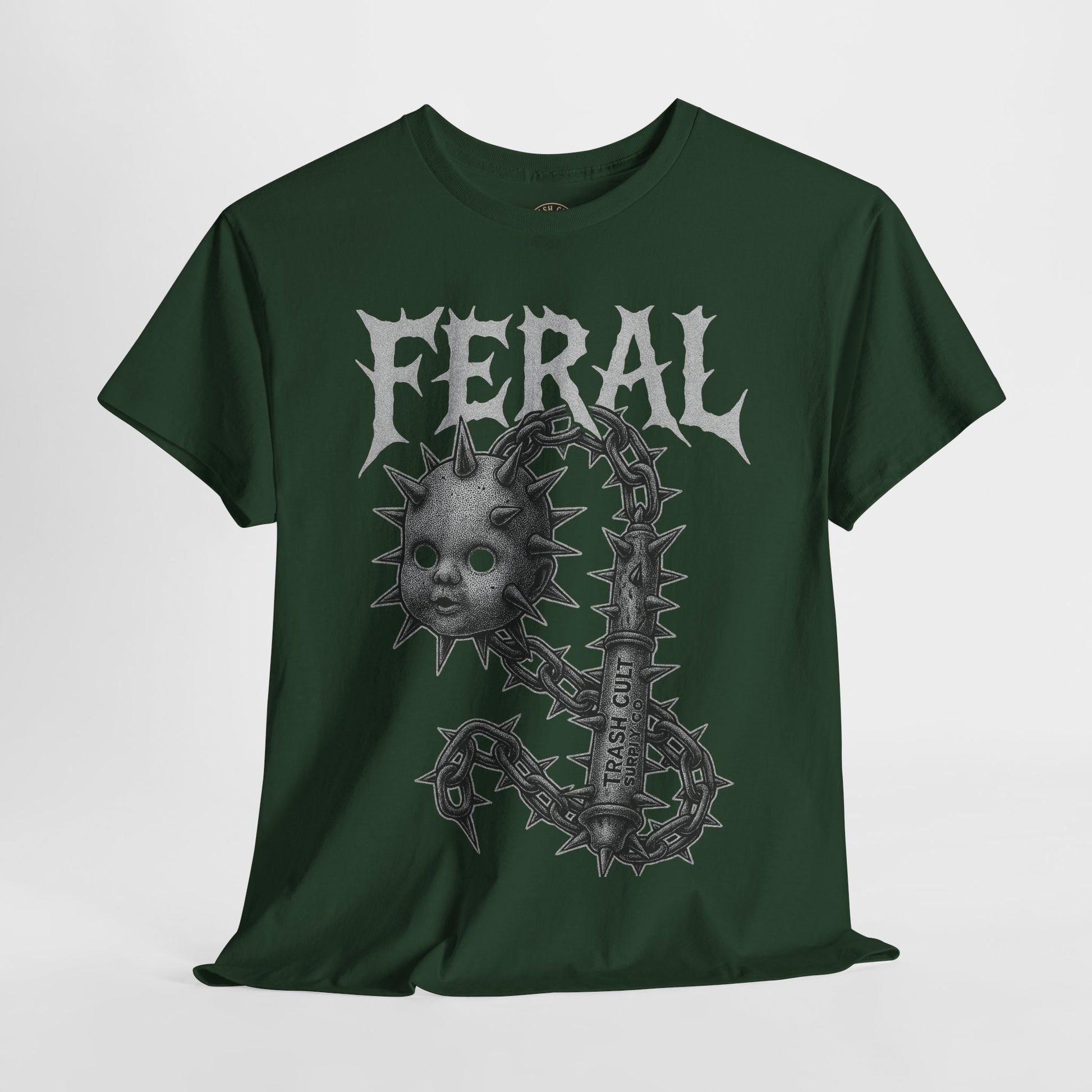 FERAL Spiked Doll Flail Tee – Halftone Gothic Weapon Shirt | Trash Cult Supply Co. | Gildan 5000