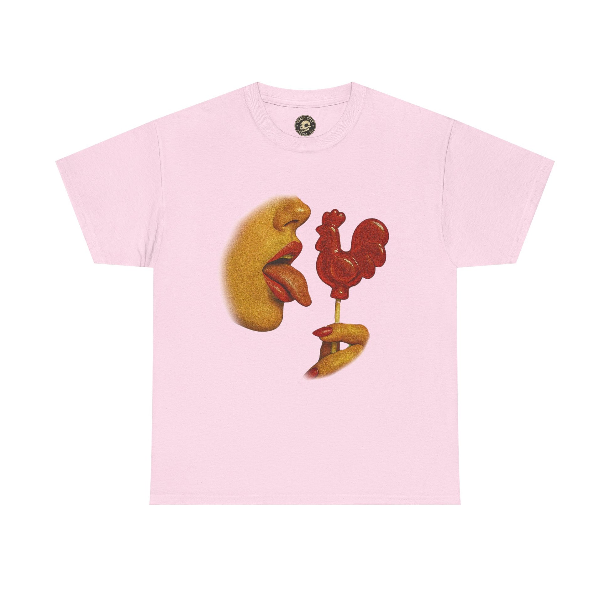 Bold Retro Halftone Tease – Red Rooster Lollipop Graphic Tee