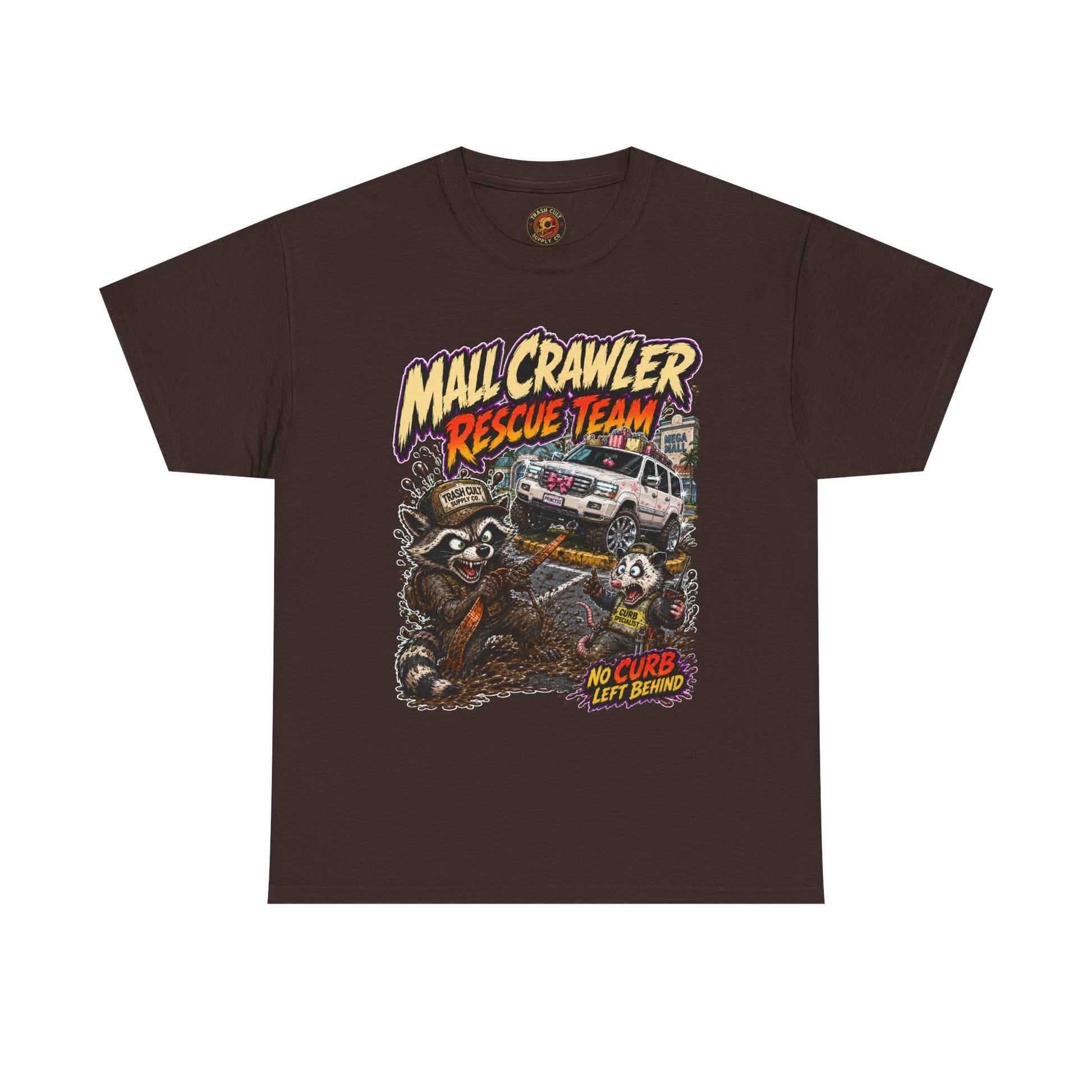 Mall Crawler Rescue Team T‑Shirt — Vintage Raccoon Rescue Graphic Tee (“No Curb Left Behind”)