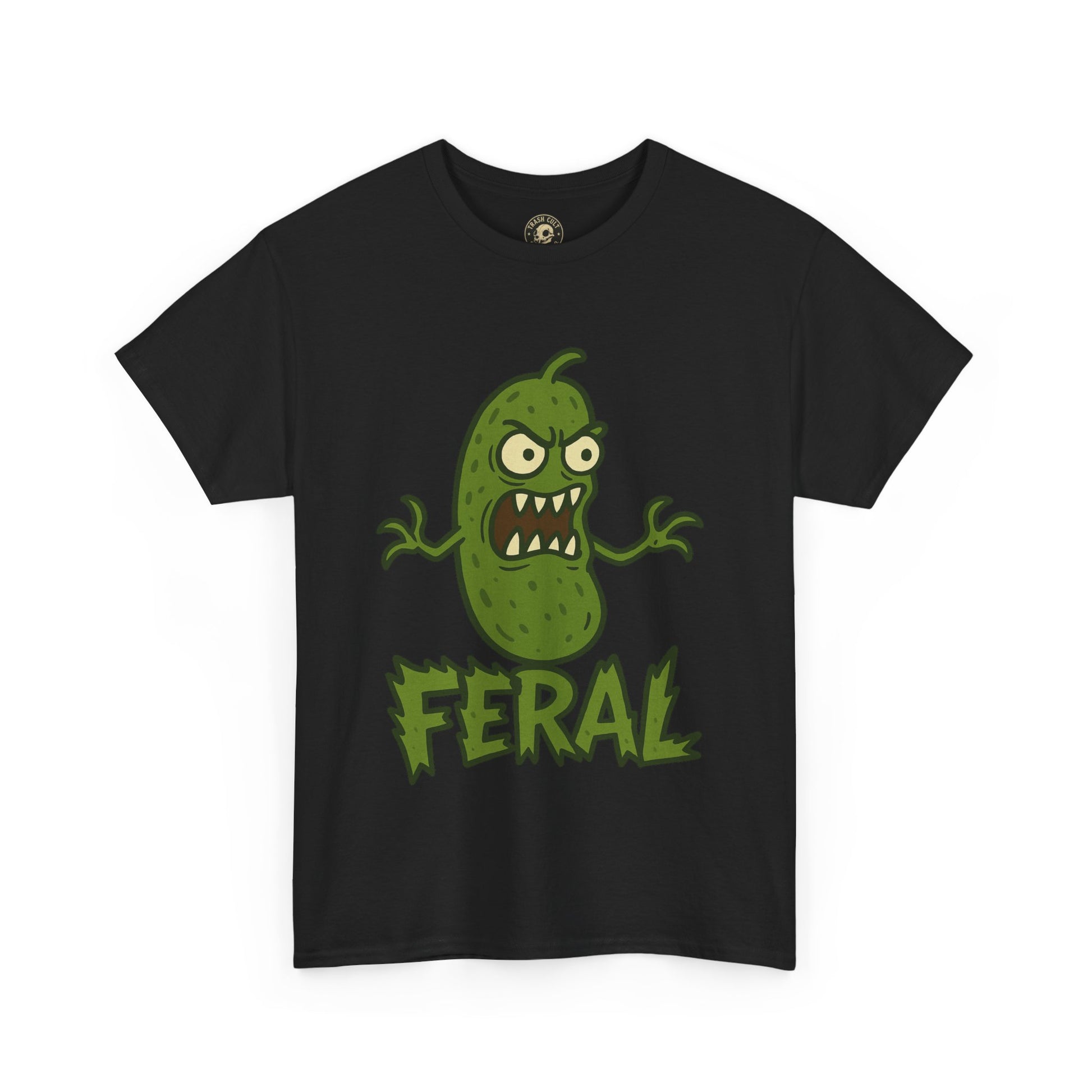 Feral Pickle Cartoon Tee – Trashcore Angry Pickle Shirt – Gildan 5000 Unisex Heavy Cotton