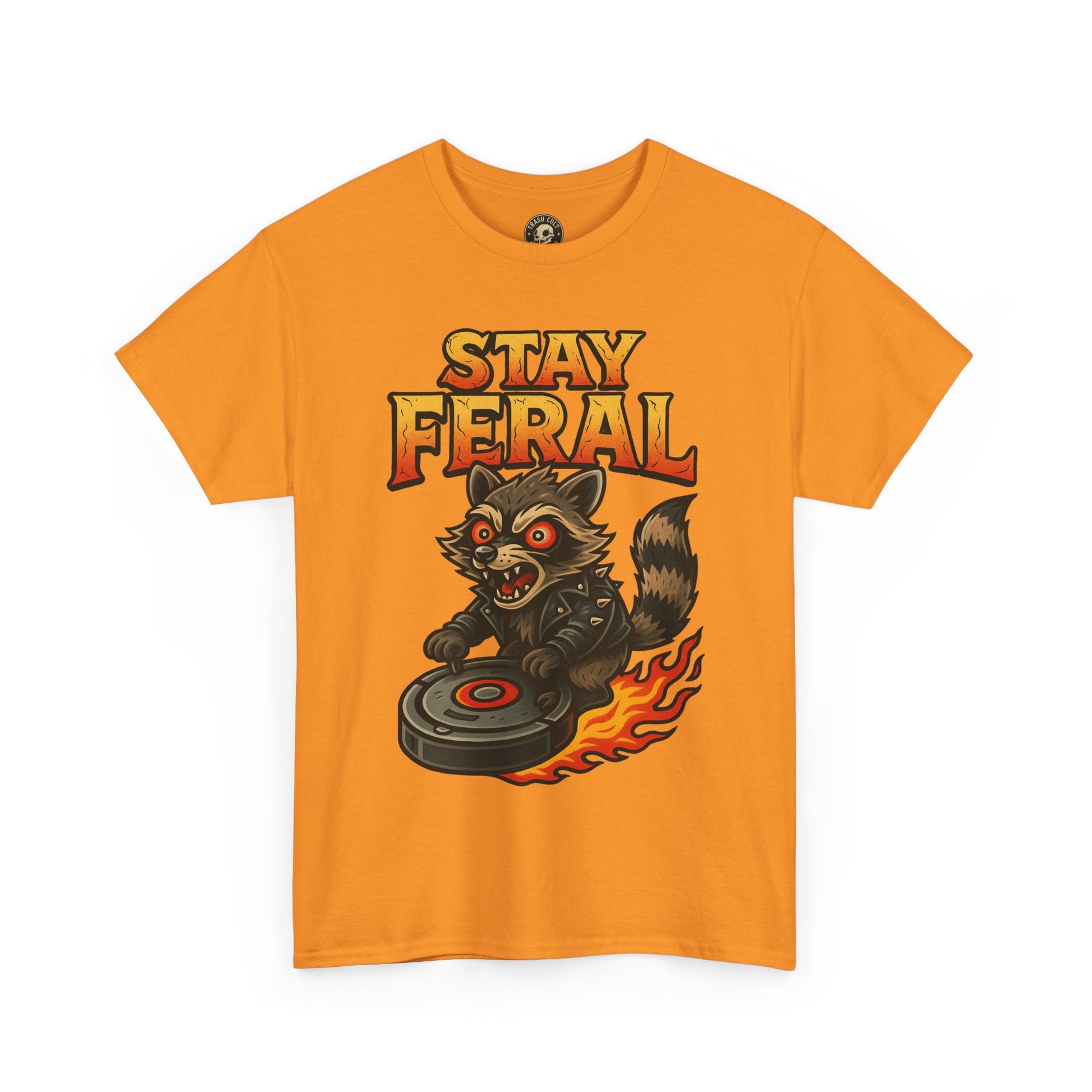 Stay Feral Roomba Raccoon T-Shirt – Bold New School Tattoo Style | Trash Cult Supply Co
