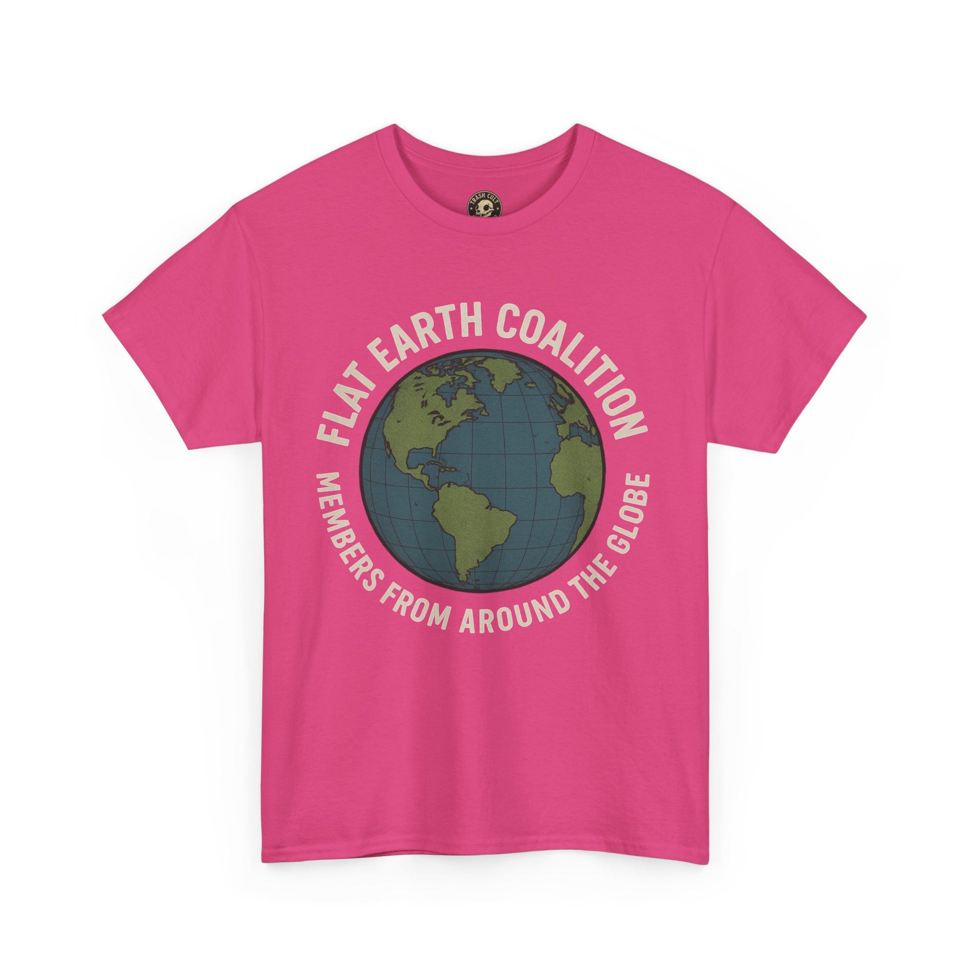 Flat Earth Coalition Funny Globe Parody Shirt – “Members From Around the Globe” Tee – Satirical Conspiracy Theory Humor Tee