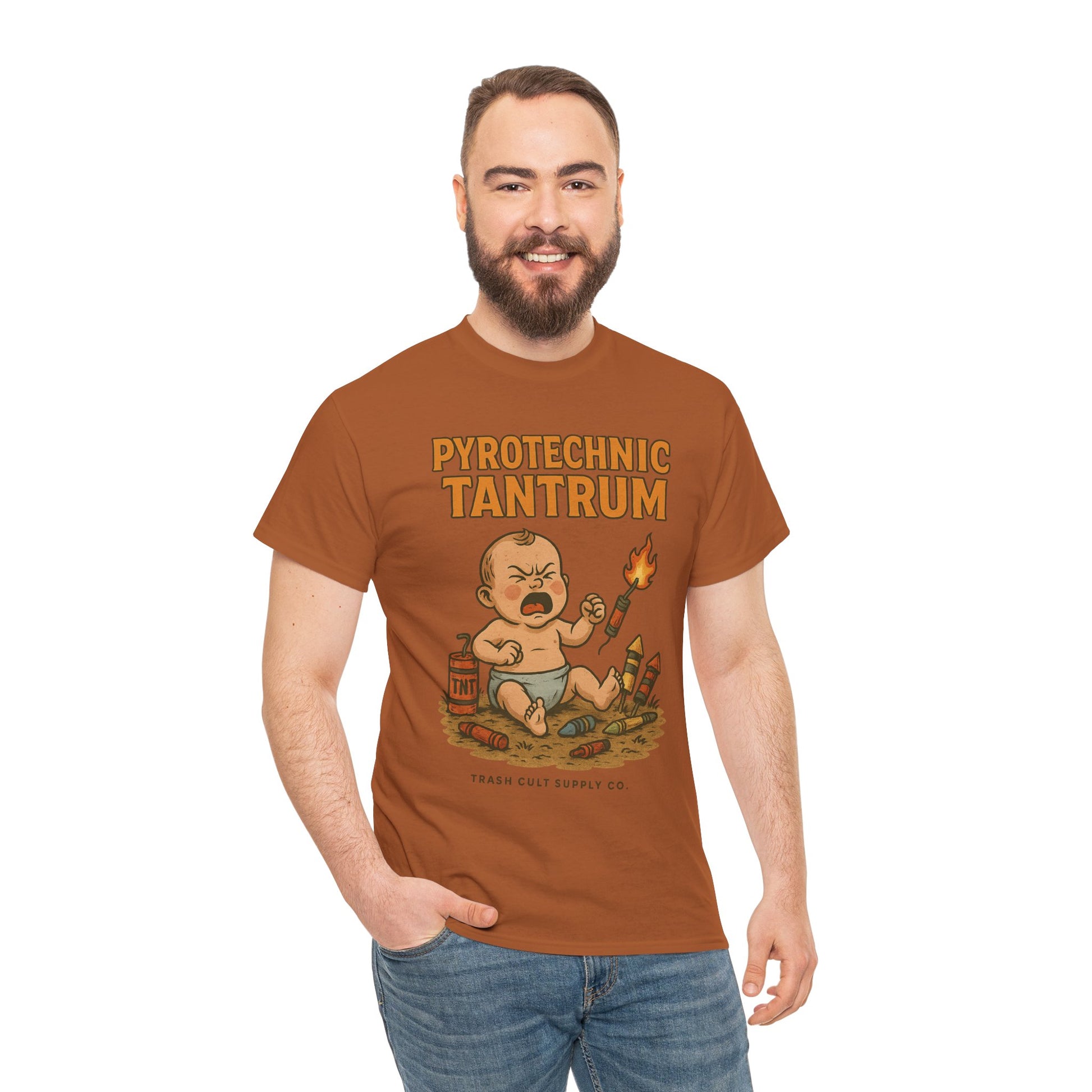 Pyrotechnic Tantrum T-Shirt – Explosive Baby Humor Graphic | Trash Cult Supply Co. | Gildan 5000 Tee
