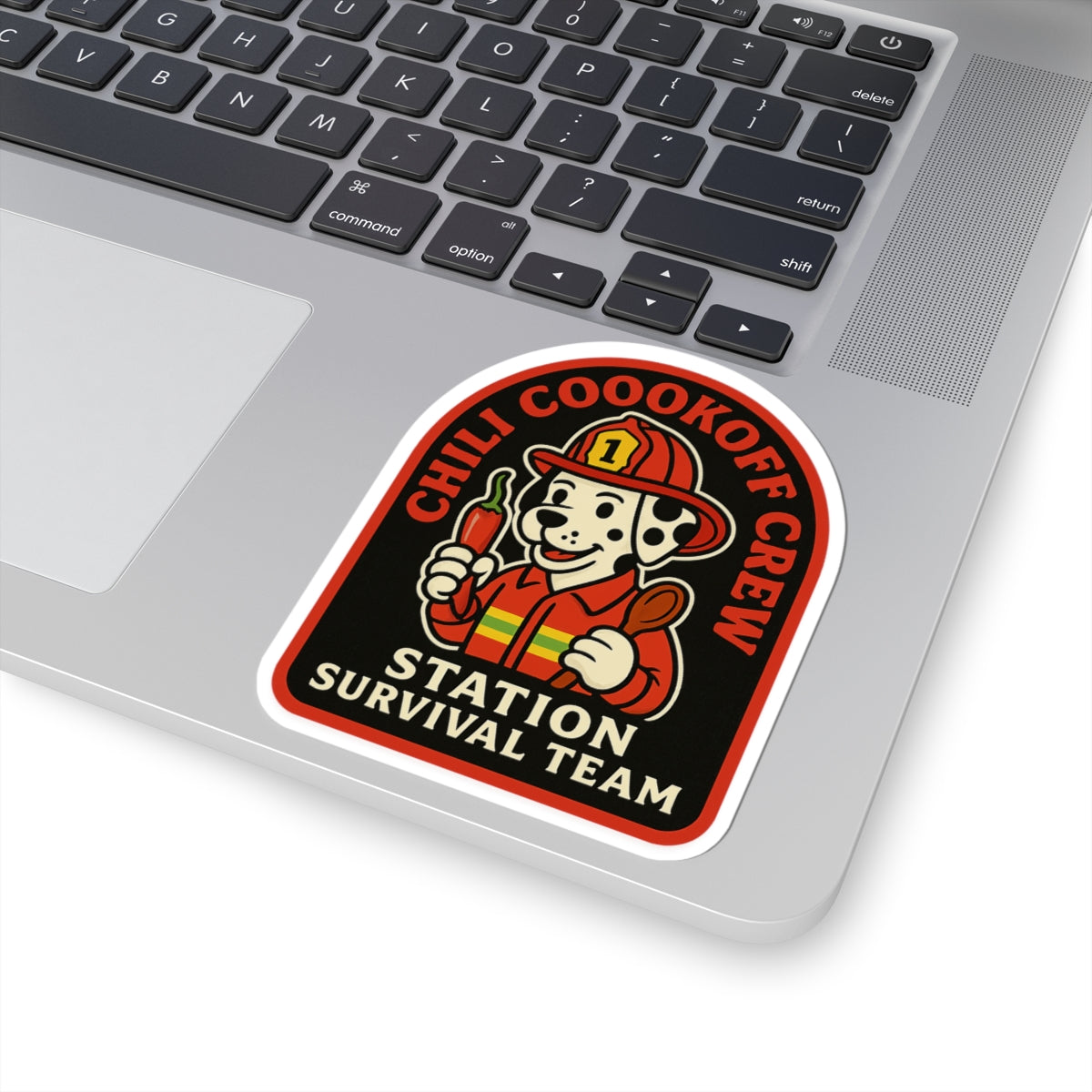 Chili Cookoff Crew – Station Survival Team Sticker – Funny Firefighter Vinyl Decal with Dalmatian Chef Design