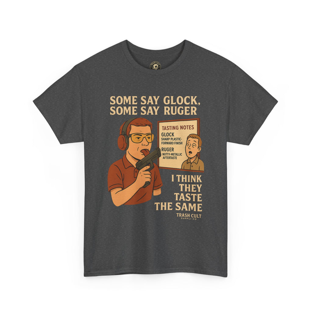 Glock vs Ruger Mouthfeel Shirt – Funny Gun Show Parody Tee | Dark Humor Firearm Tasting Notes Shirt