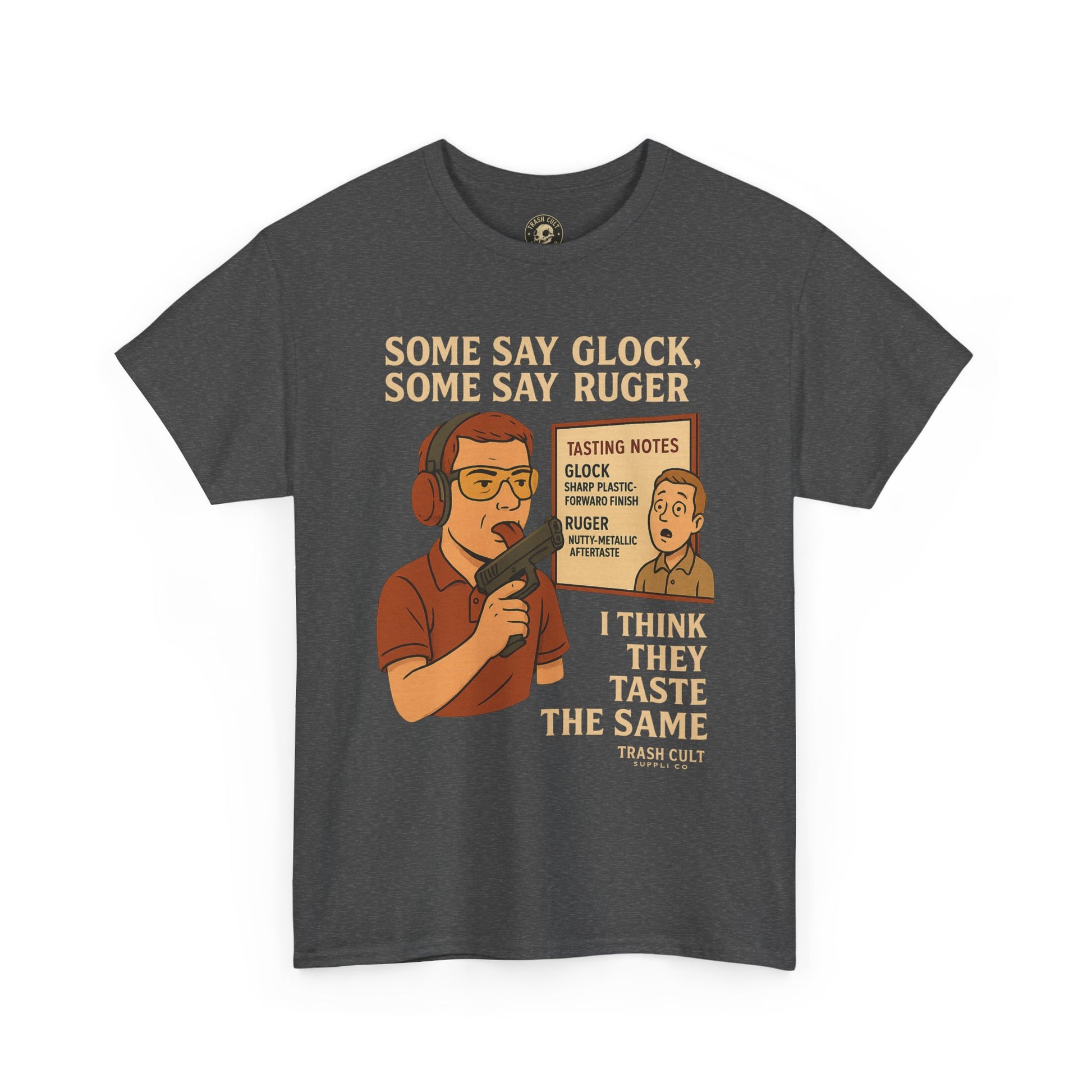 Glock vs Ruger Mouthfeel Shirt – Funny Gun Show Parody Tee | Dark Humor Firearm Tasting Notes Shirt
