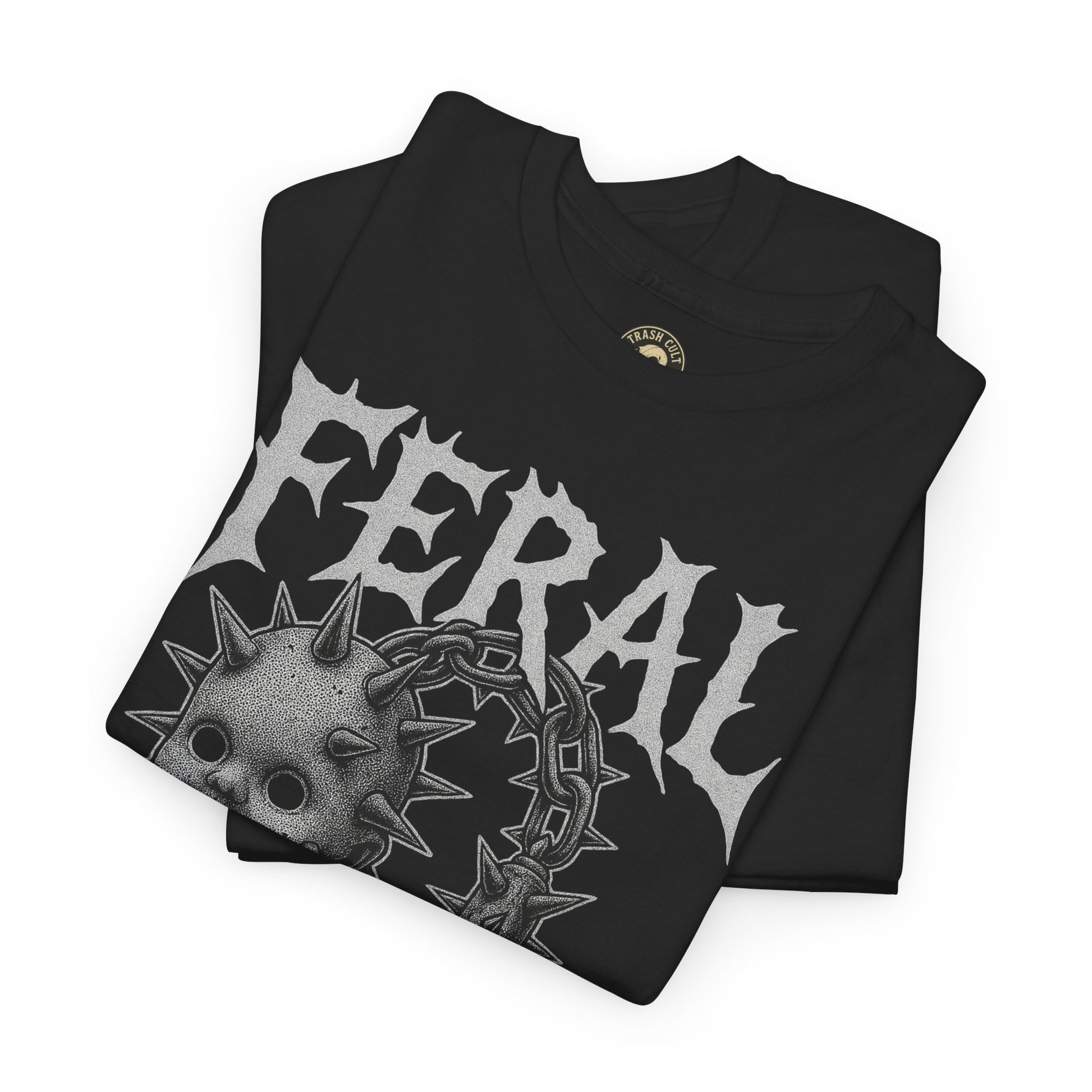 FERAL Spiked Doll Flail Tee – Halftone Gothic Weapon Shirt | Trash Cult Supply Co. | Gildan 5000