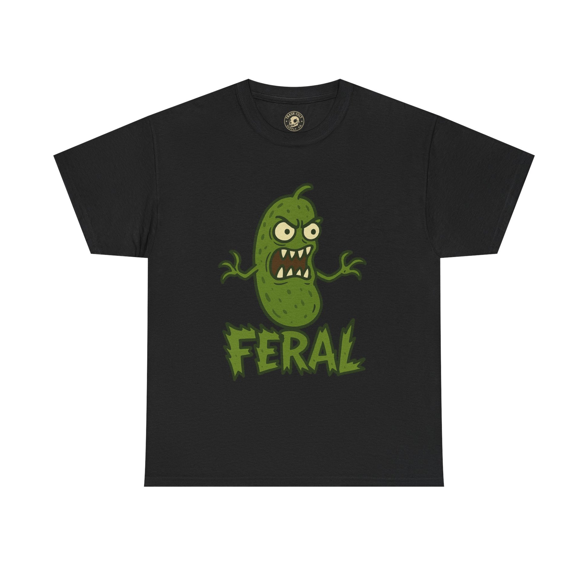 Feral Pickle Cartoon Tee – Trashcore Angry Pickle Shirt – Gildan 5000 Unisex Heavy Cotton
