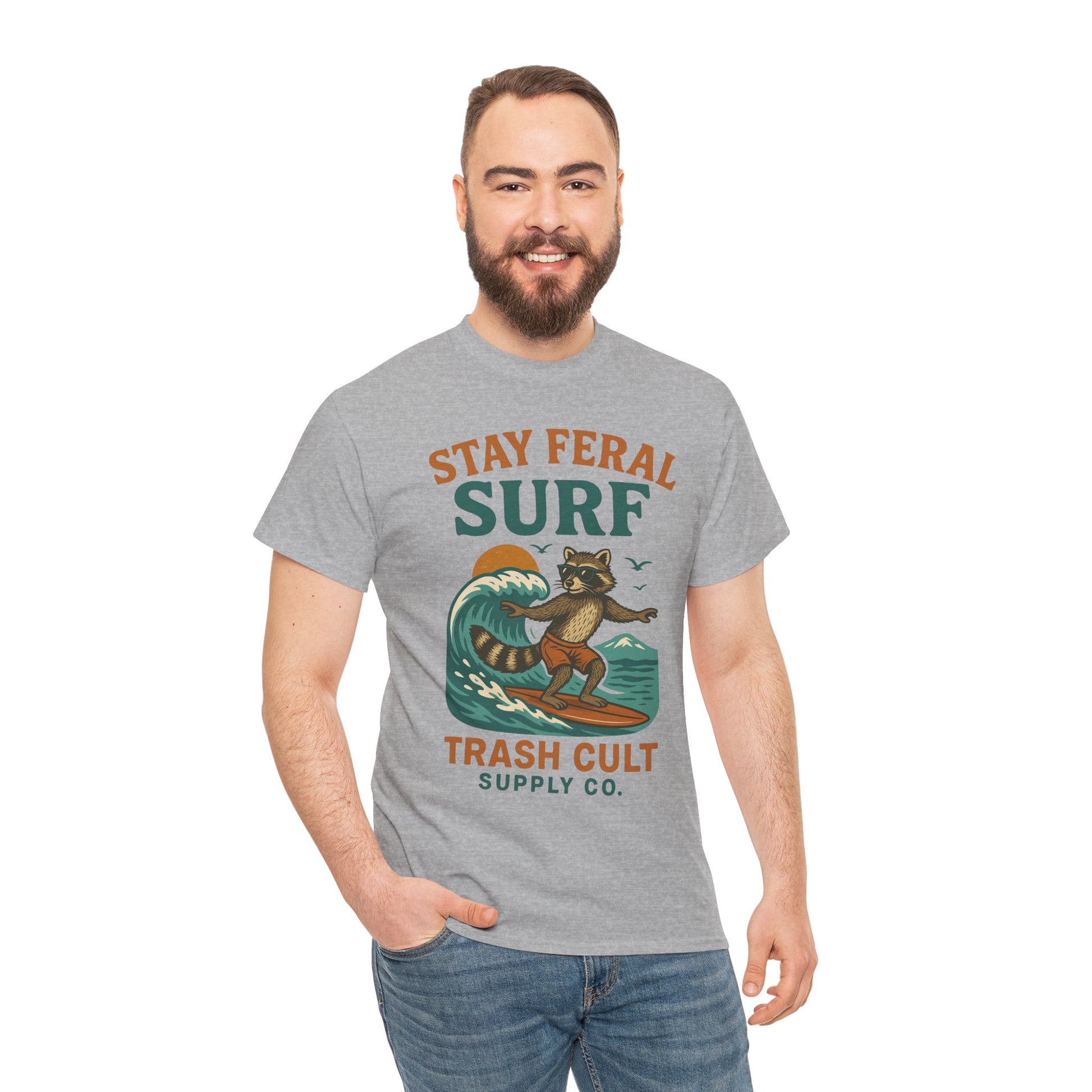 Stay Feral Surf Shirt – Retro Raccoon Beach Tee – Trash Cult Supply Co – Gildan 5000