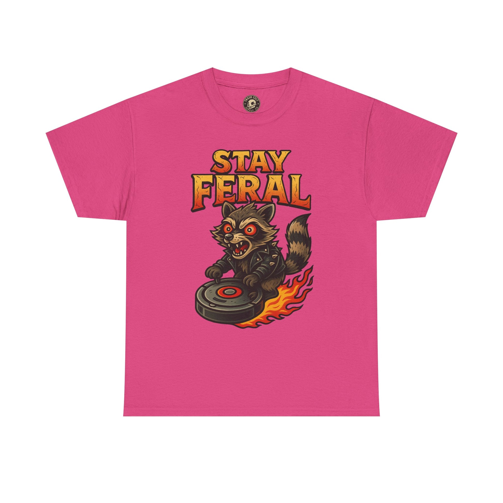 Stay Feral Roomba Raccoon T-Shirt – Bold New School Tattoo Style | Trash Cult Supply Co