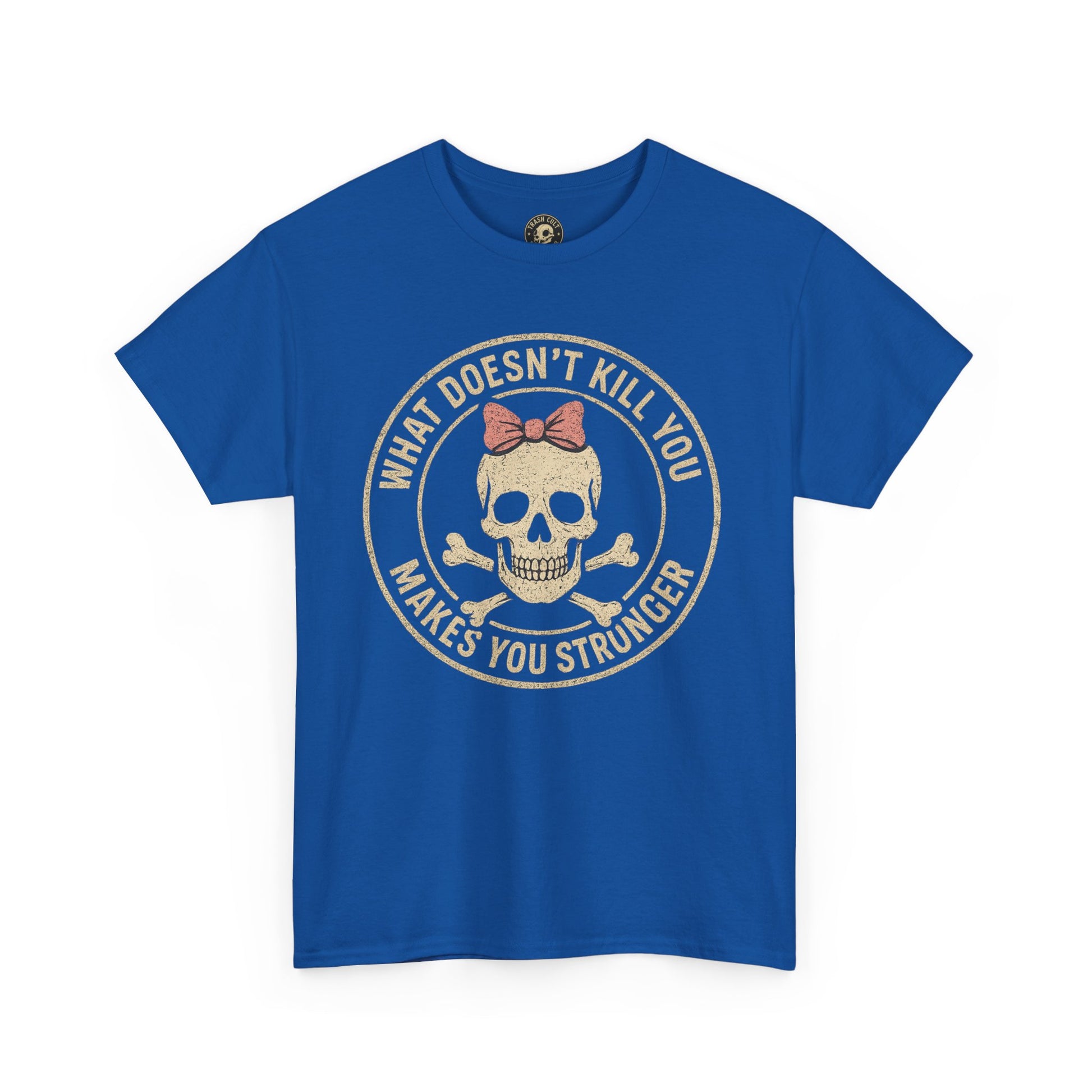 “What Doesn’t Kill You Makes You Stronger” Skull & Bow T-Shirt – Vintage Grunge Graphic | Gildan 5000