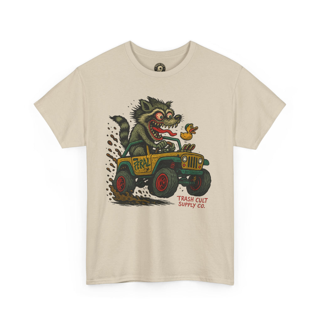 Feral Jeep Raccoon Shirt – Ed Roth Style Off-Road Chaos | Trash Cult Supply Co | Gildan 5000 Tee