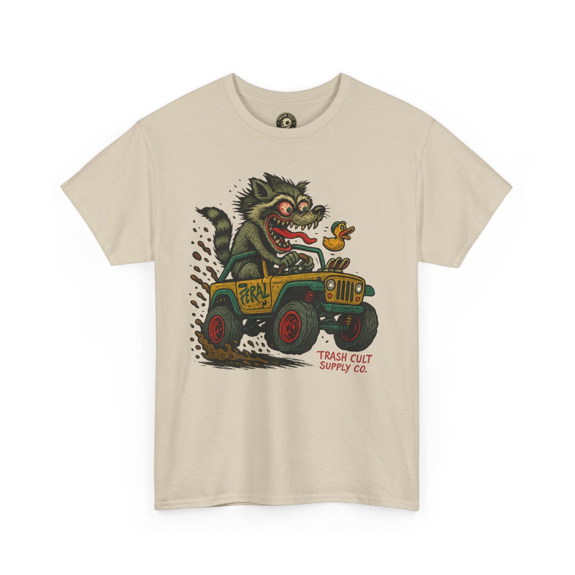 Feral Jeep Raccoon Shirt – Ed Roth Style Off-Road Chaos | Trash Cult Supply Co | Gildan 5000 Tee