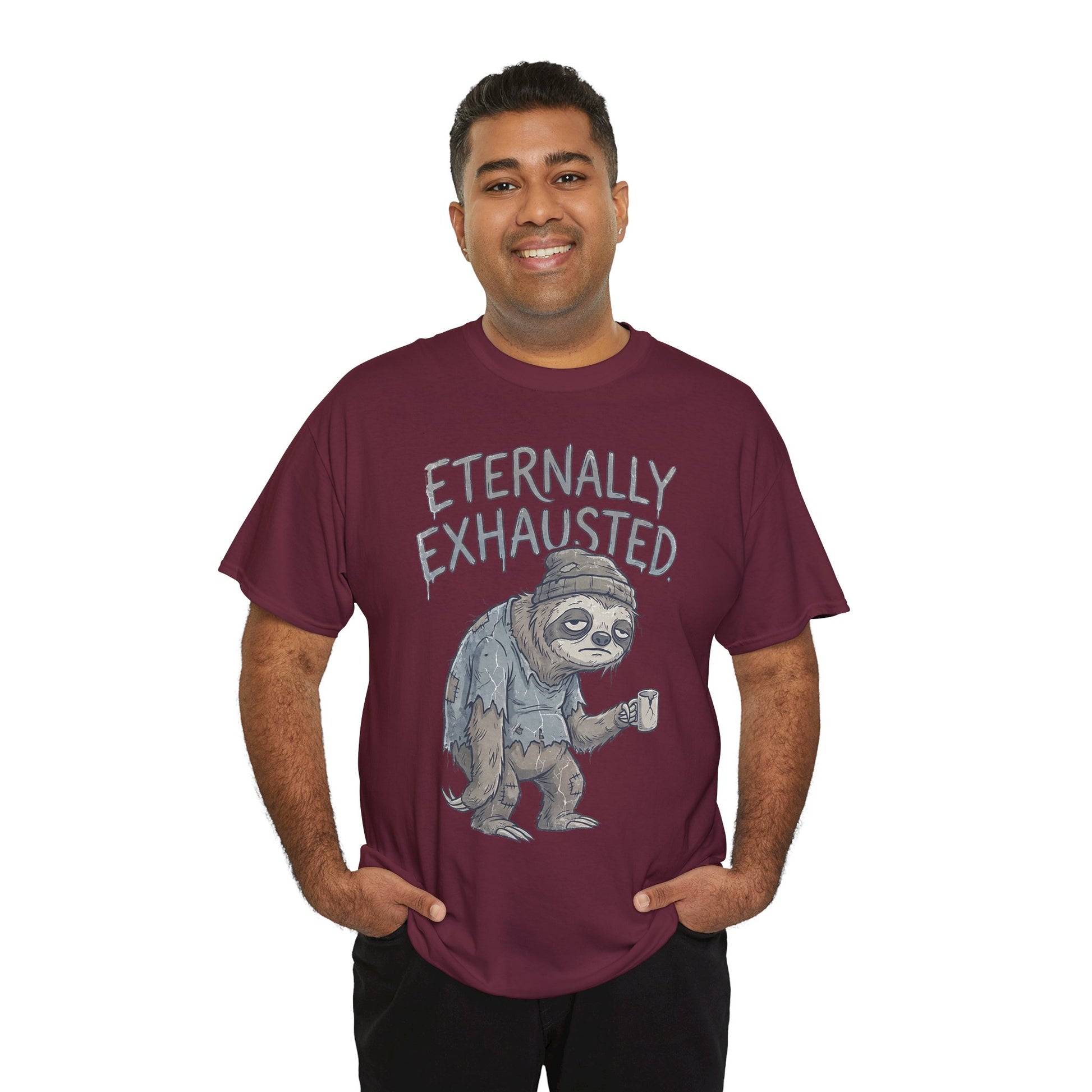T-Shirt — 'Eternally Exhausted' Sloth Graphic Tee (Funny Coffee Lover Gift)