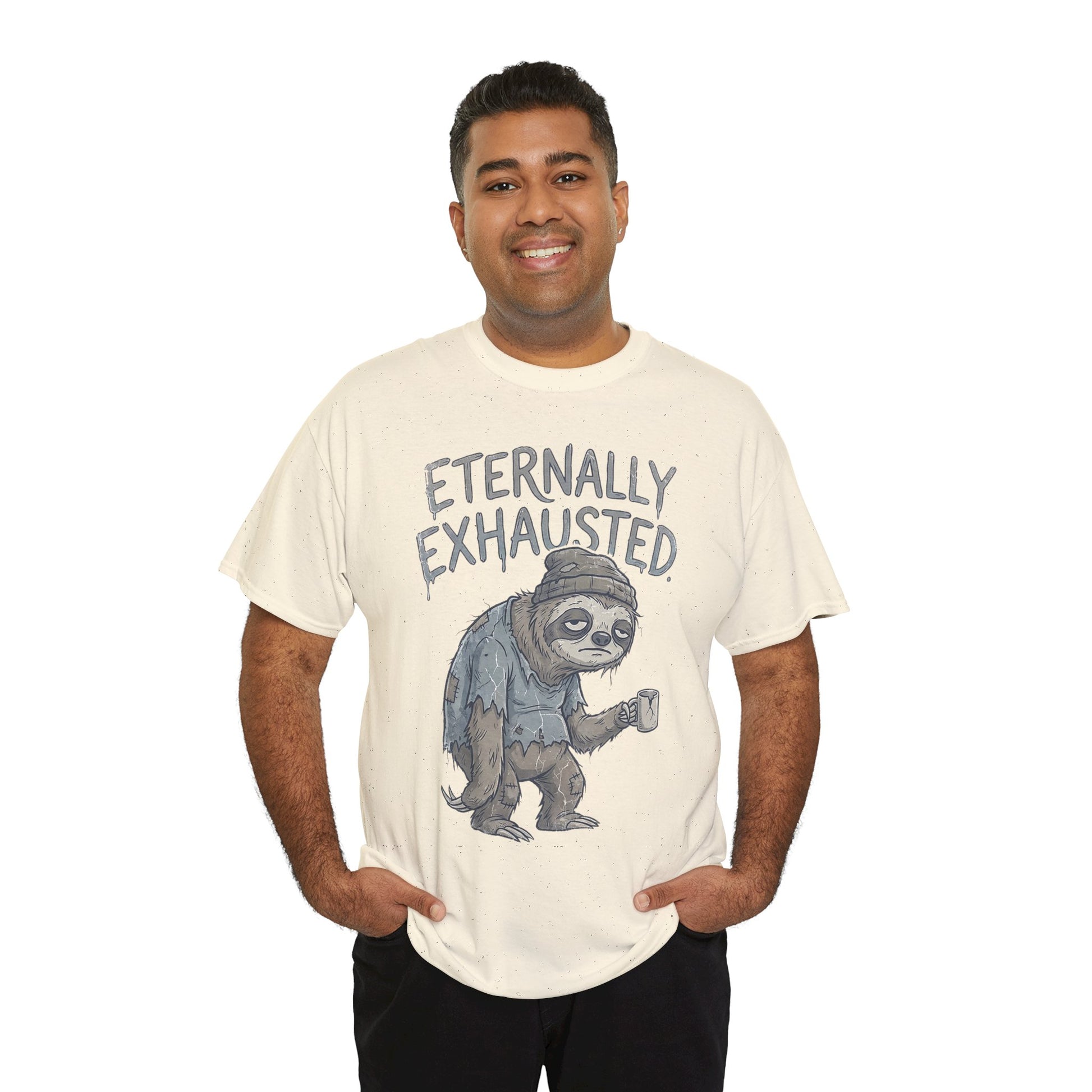 T-Shirt — 'Eternally Exhausted' Sloth Graphic Tee (Funny Coffee Lover Gift)