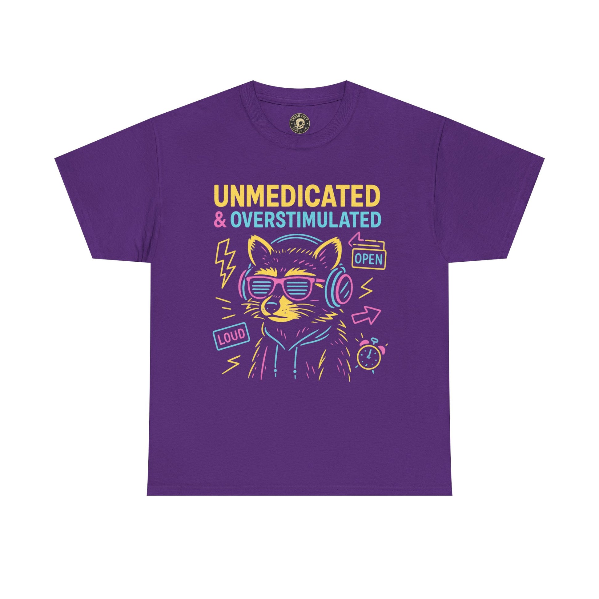 Unmedicated & Overstimulated Neon Raccoon ADHD Shirt – Trash Cult Supply Co. – Gildan 5000