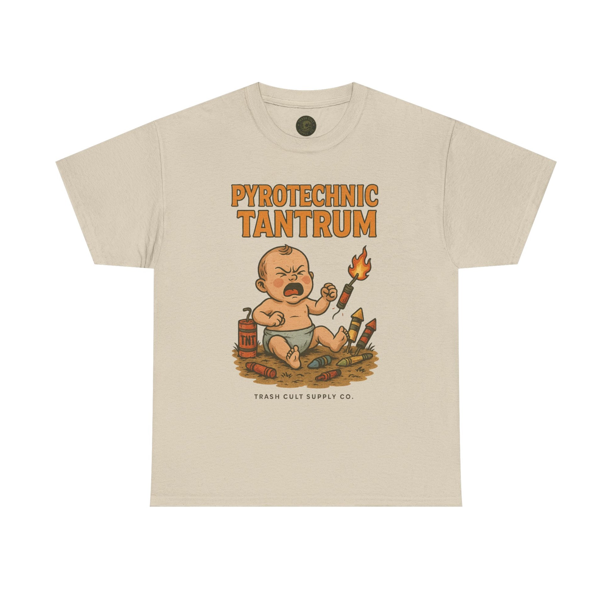 Pyrotechnic Tantrum T-Shirt – Explosive Baby Humor Graphic | Trash Cult Supply Co. | Gildan 5000 Tee