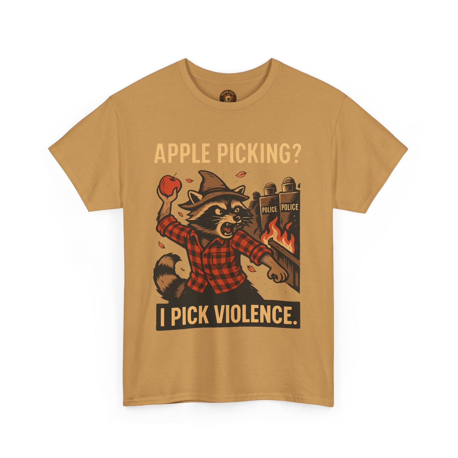 Apple Picking? I Pick Violence Shirt – Angry Raccoon Riot Tee – Fall of Humanity Collection – Trash Cult Supply Co.