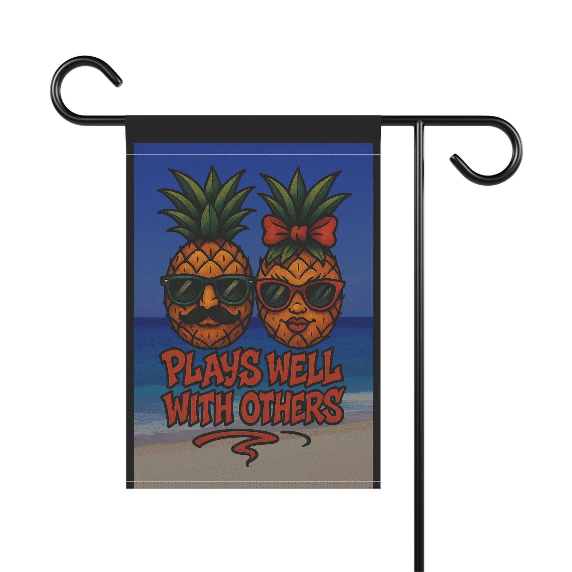Funny Upside Down Pineapple Garden Flag – “Plays Well With Others” Tropical Banner – New School Tattoo Style