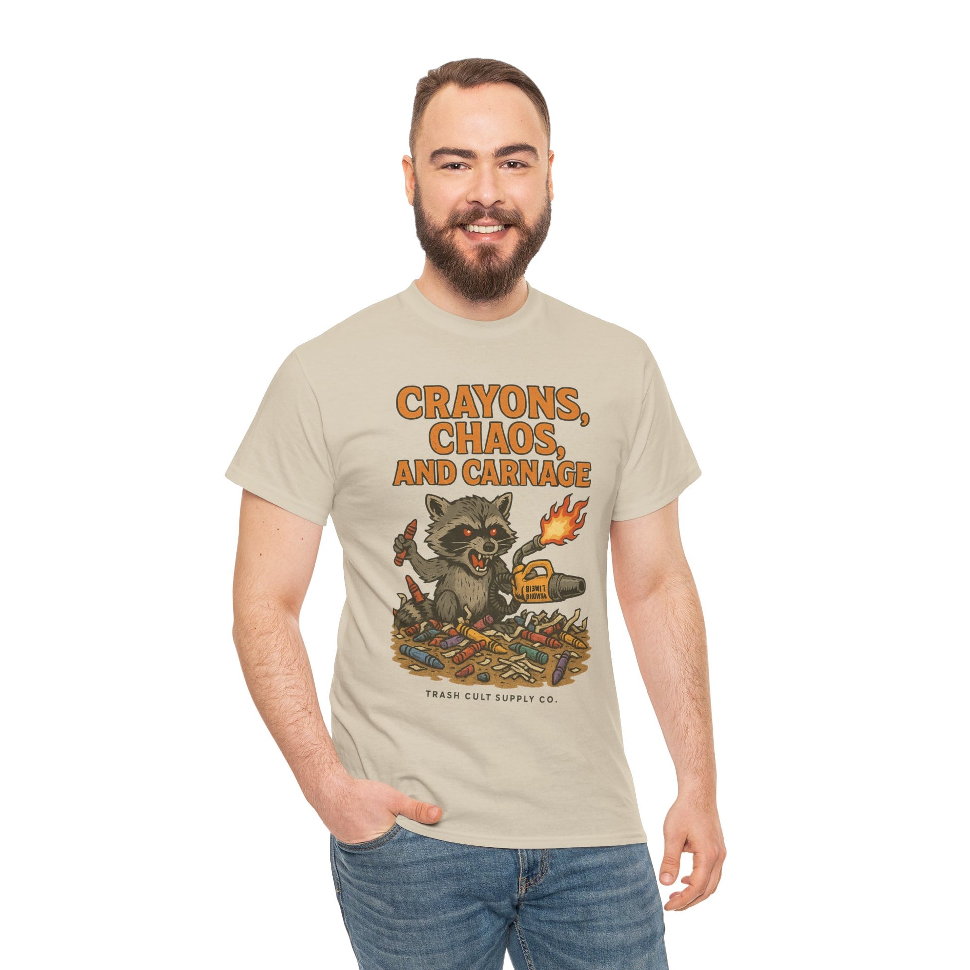 Crayons, Chaos, and Carnage T-Shirt – Dark Humor Raccoon Graphic | Trash Cult Supply Co. | Gildan 5000 Tee