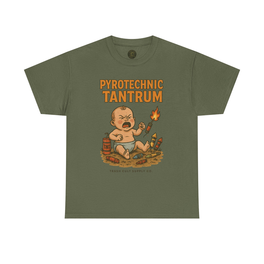 Pyrotechnic Tantrum T-Shirt – Explosive Baby Humor Graphic | Trash Cult Supply Co. | Gildan 5000 Tee