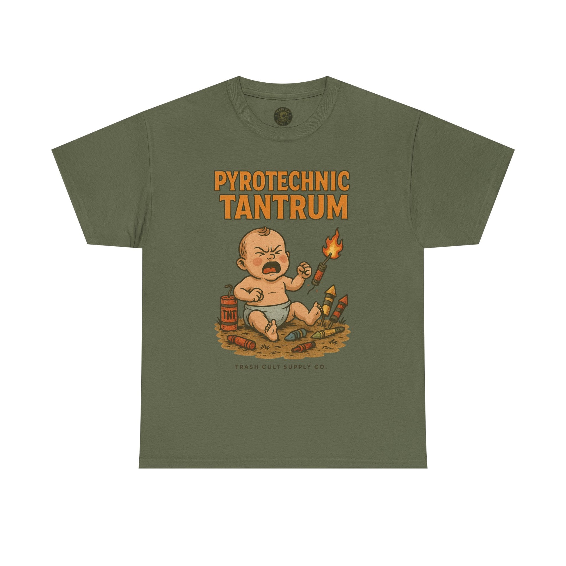 Pyrotechnic Tantrum T-Shirt – Explosive Baby Humor Graphic | Trash Cult Supply Co. | Gildan 5000 Tee