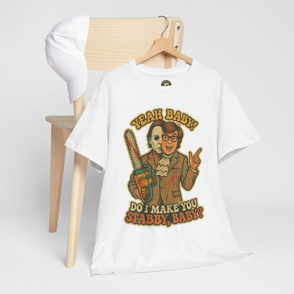 Mike Myers Parody Shirt – “Do I Make You Stabby, Baby?” Funny Horror Mashup Tee – Gildan 5000 Unisex