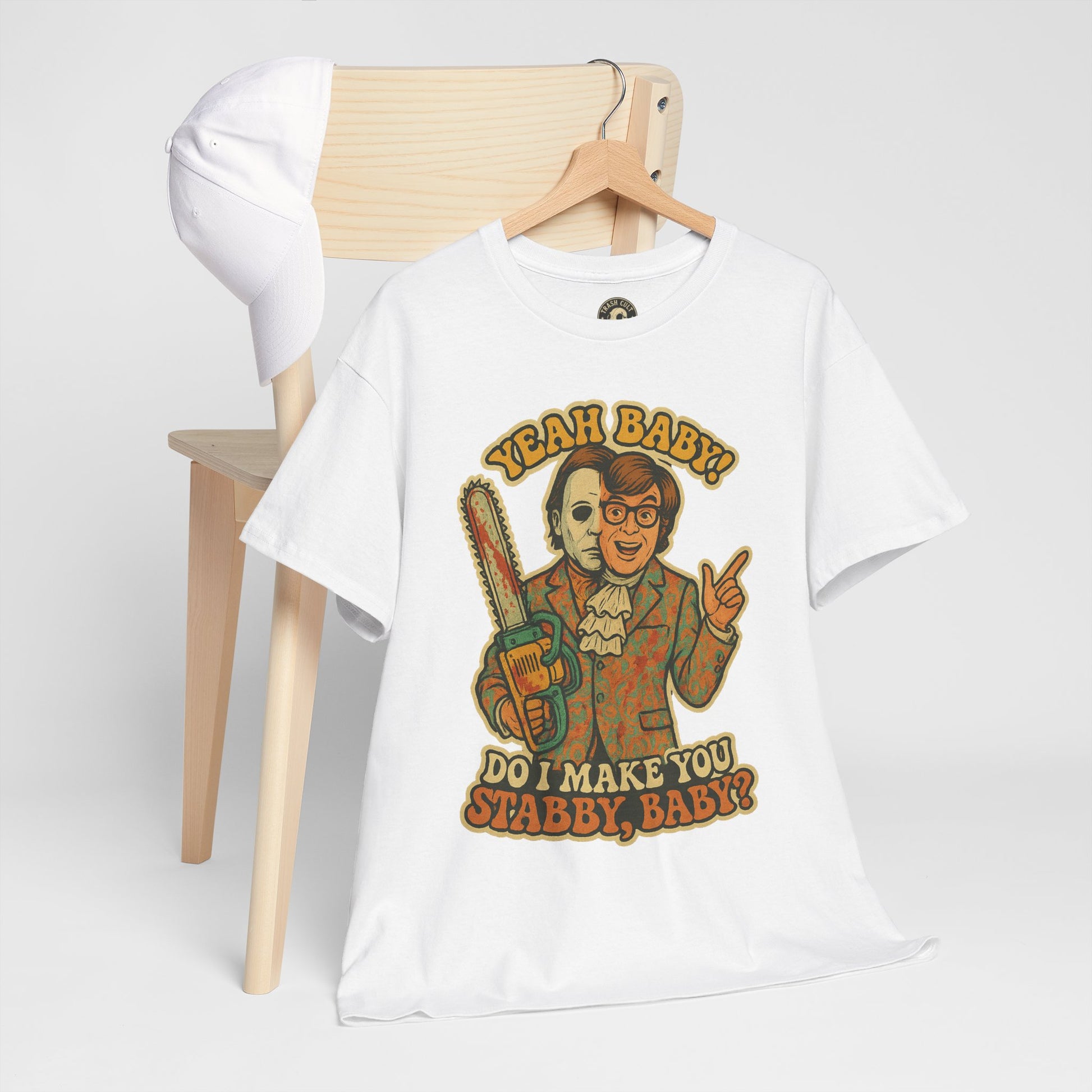 Mike Myers Parody Shirt – “Do I Make You Stabby, Baby?” Funny Horror Mashup Tee – Gildan 5000 Unisex