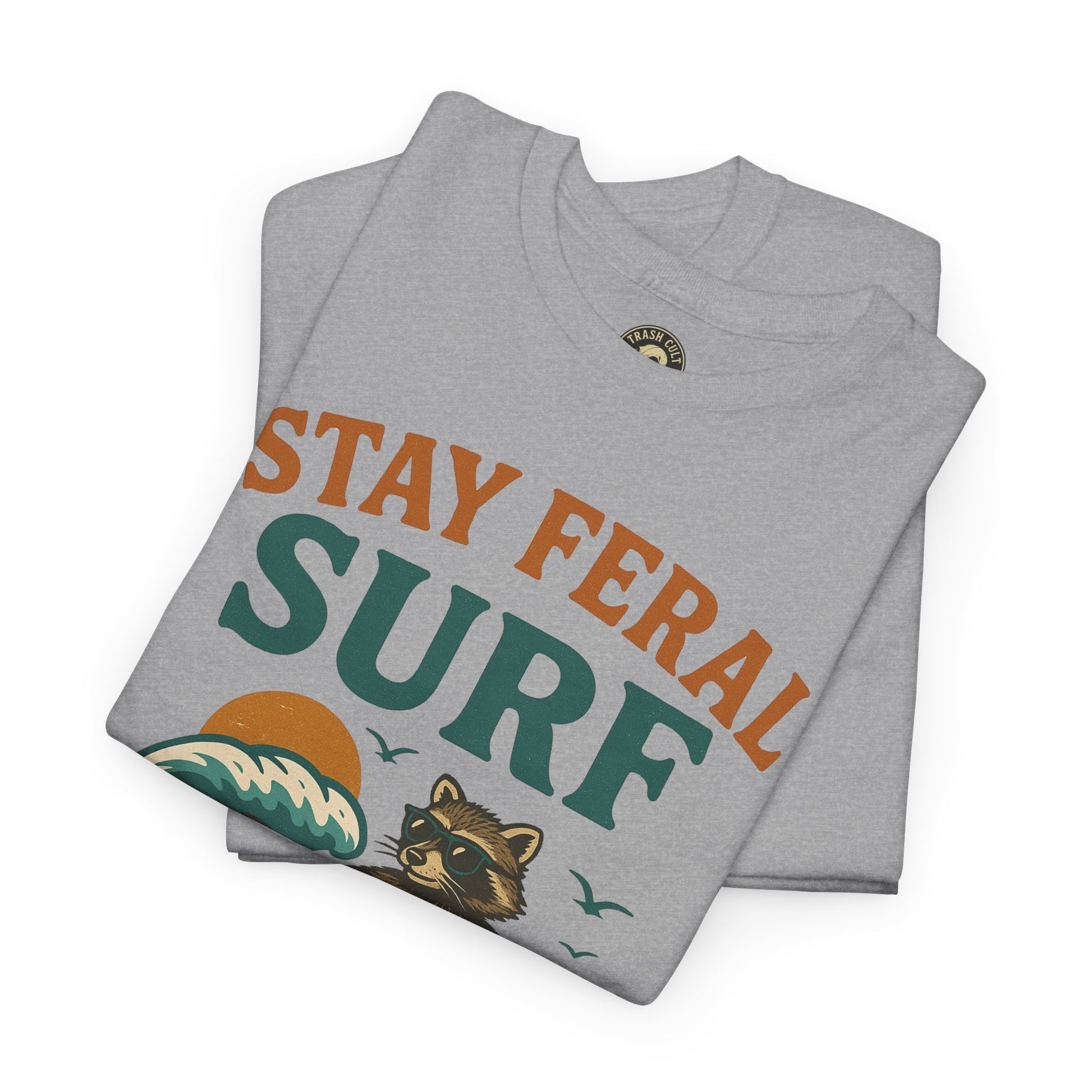 Stay Feral Surf Shirt – Retro Raccoon Beach Tee – Trash Cult Supply Co – Gildan 5000