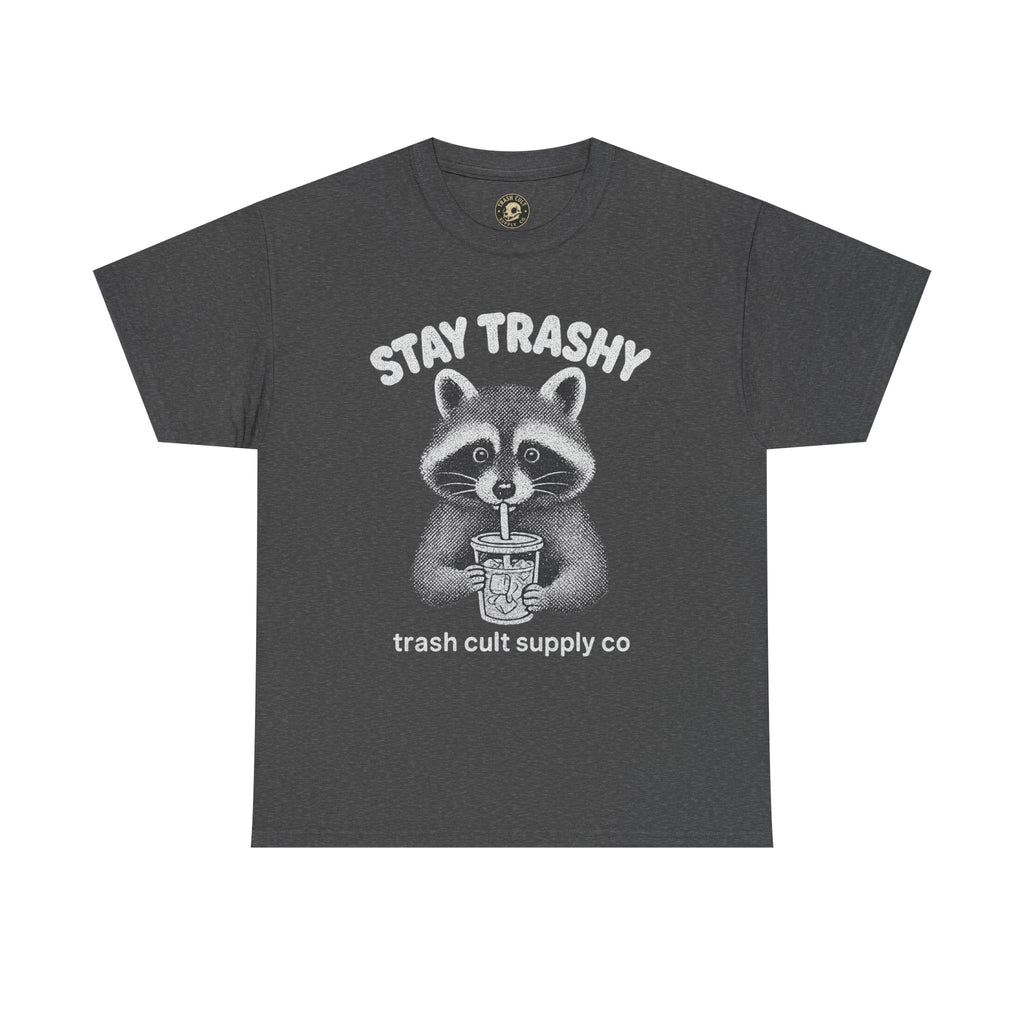 Stay Trashy Raccoon Iced Coffee Shirt – Halftone All White Design | Trash Cult Supply Co.