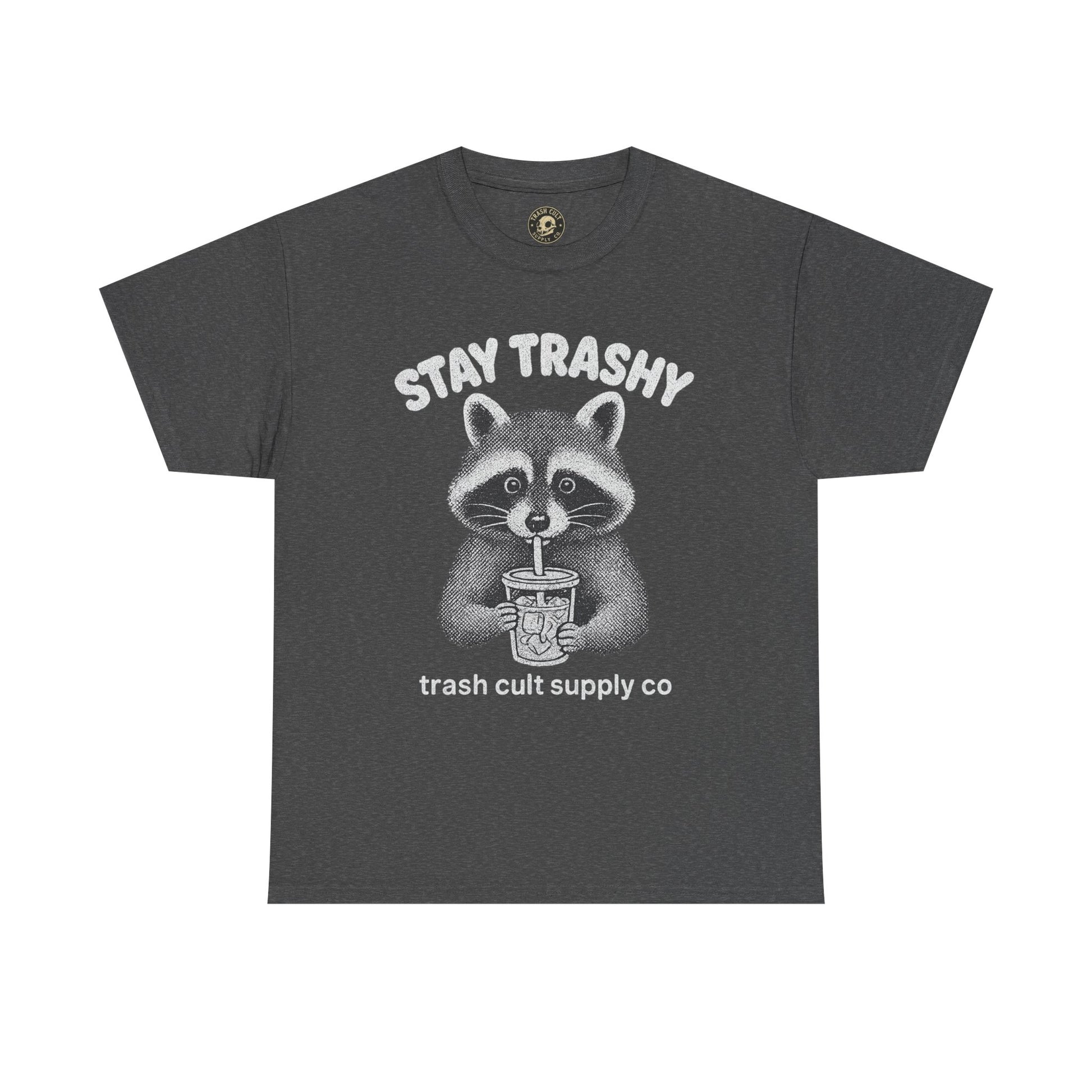 Stay Trashy Raccoon Iced Coffee Shirt – Halftone All White Design | Trash Cult Supply Co.
