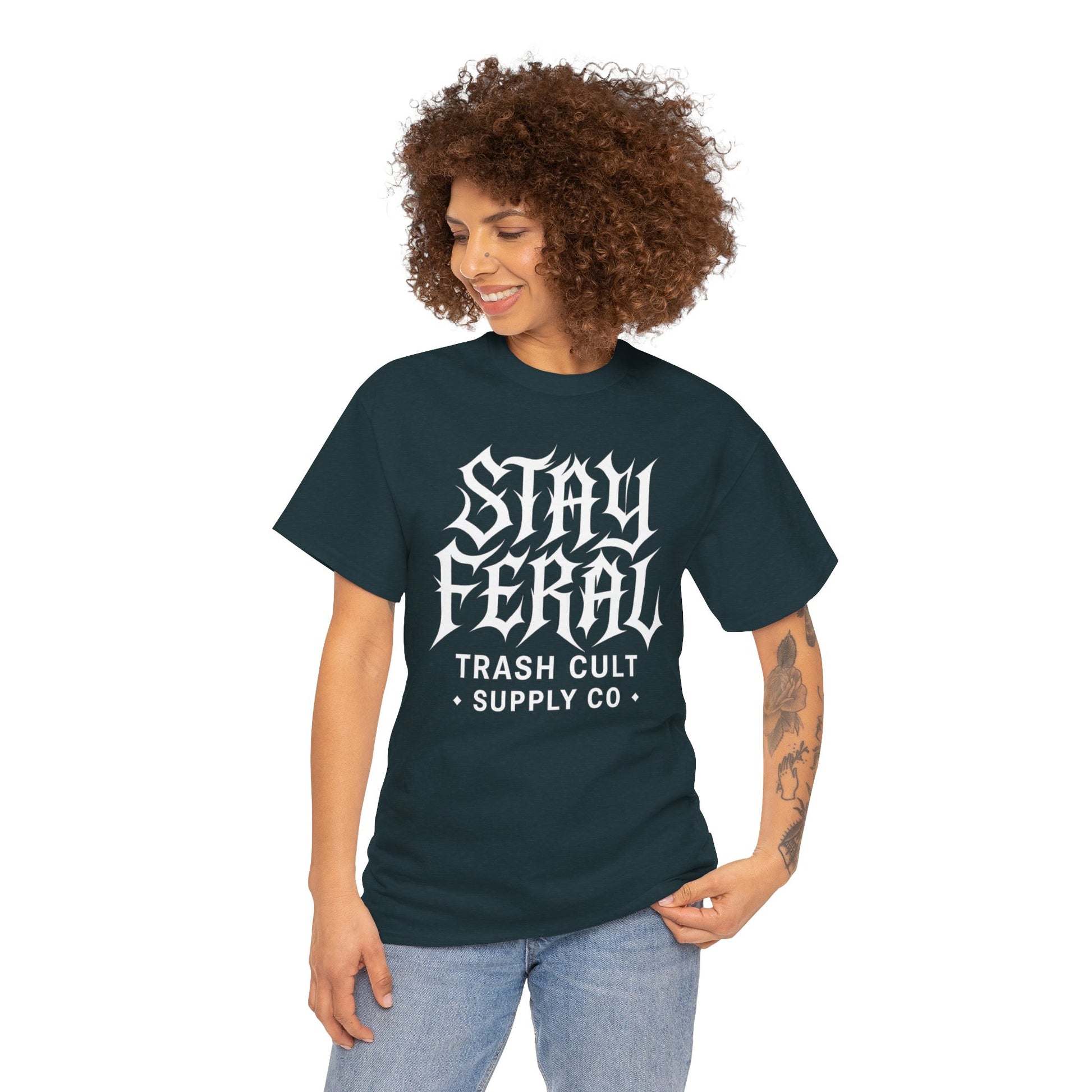 Unisex Heavy Cotton Tee - Stay Feral Graphic Tee, Streetwear Shirt, Gift for Wild Spirits, Eco-Friendly Casualwear, Summer Fashion