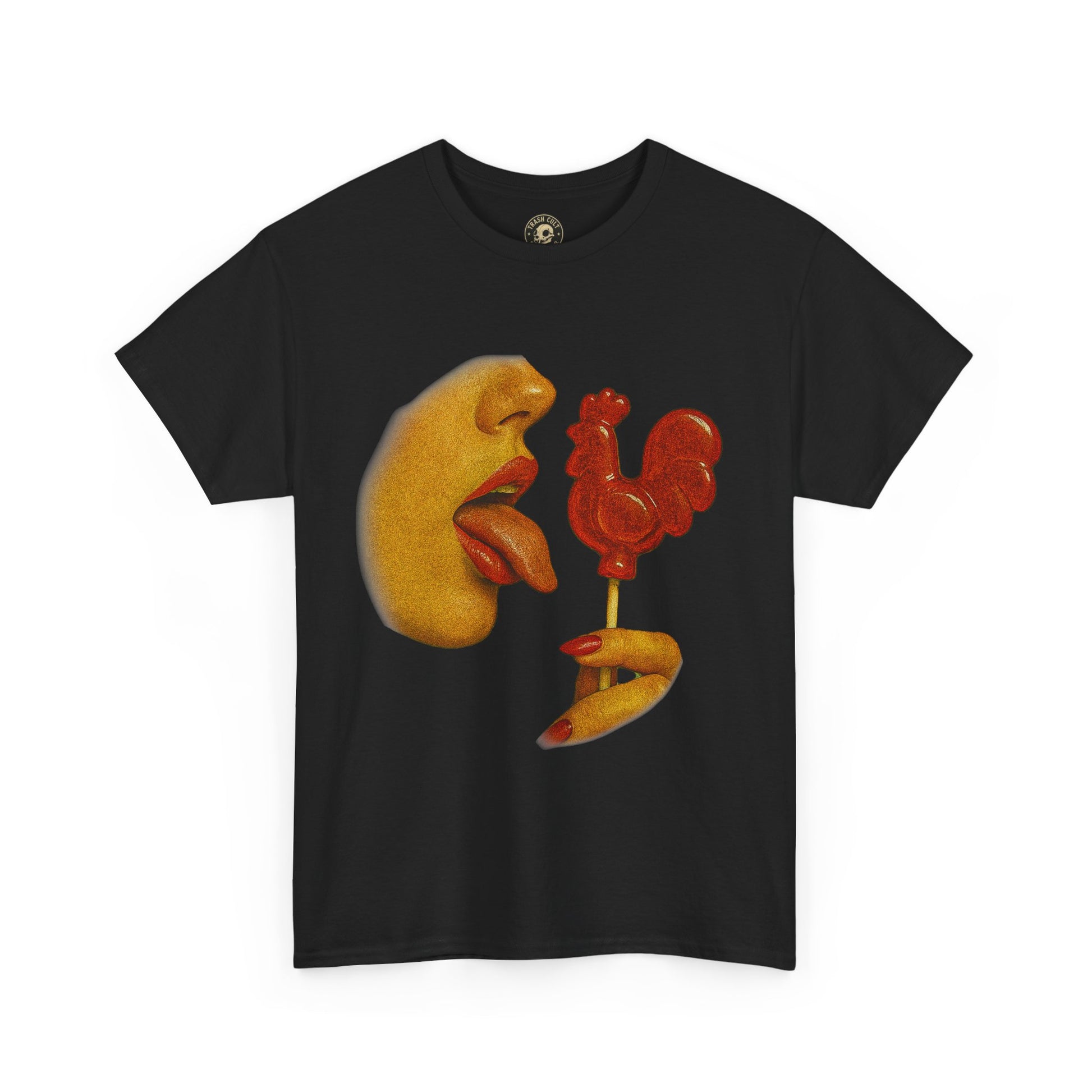 Bold Retro Halftone Tease – Red Rooster Lollipop Graphic Tee