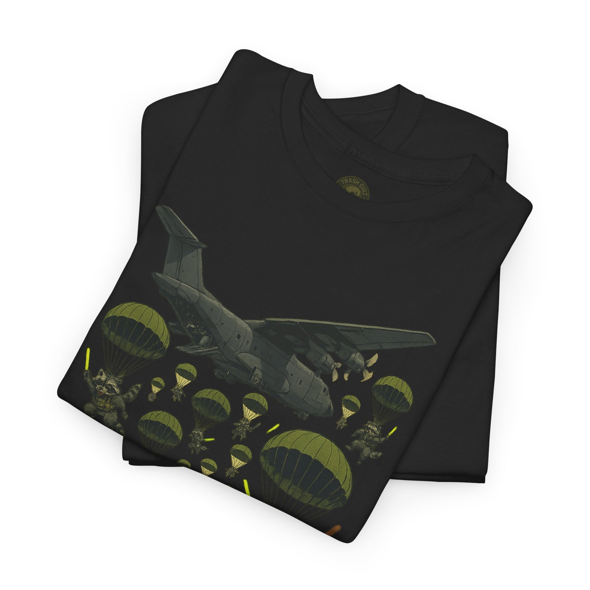 Deploy the Ferals T-Shirt – Airborne Raccoon Drop Graphic | Trash Cult Supply Co. | Gildan 5000 Heavy Cotton Tee