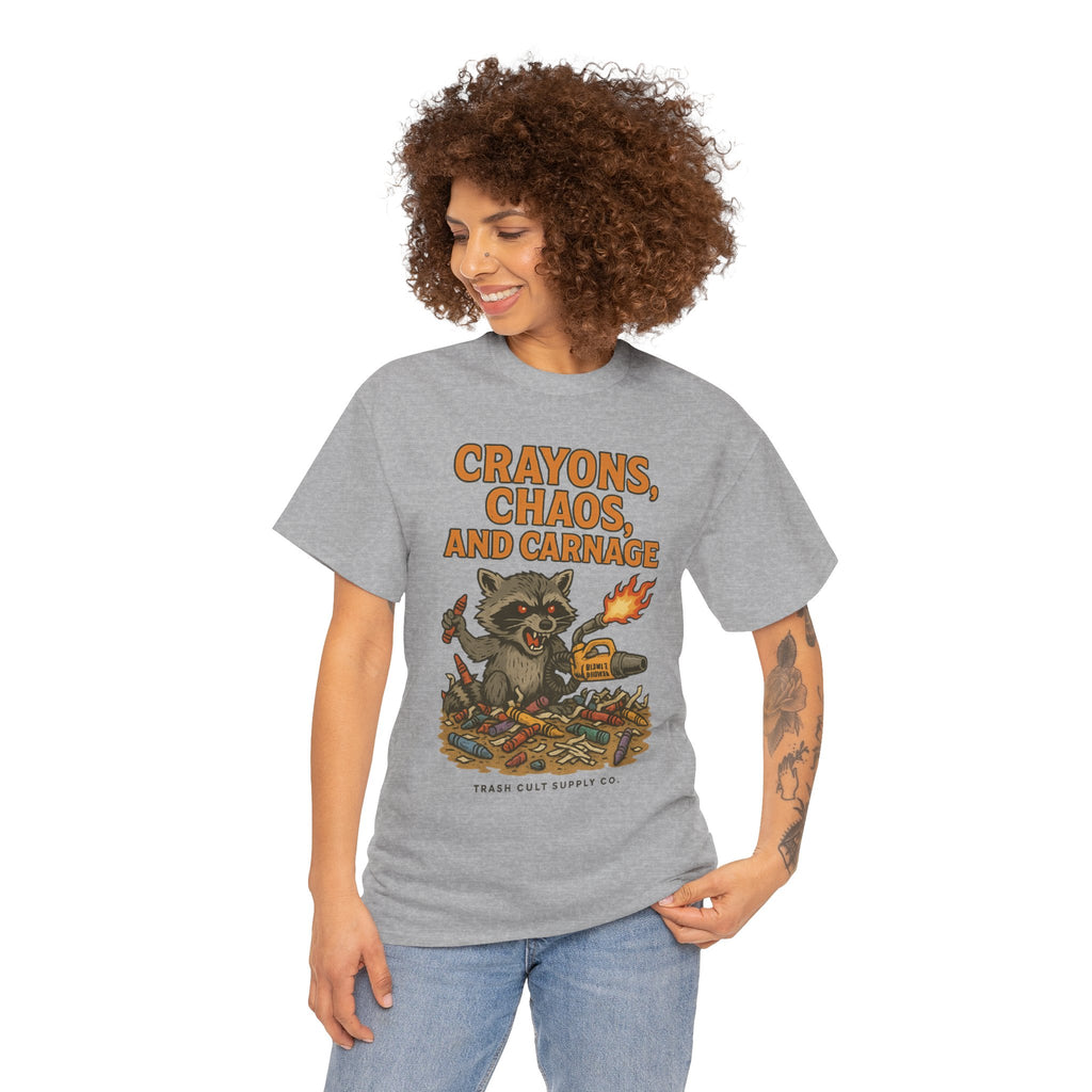 Crayons, Chaos, and Carnage T-Shirt – Dark Humor Raccoon Graphic | Trash Cult Supply Co. | Gildan 5000 Tee