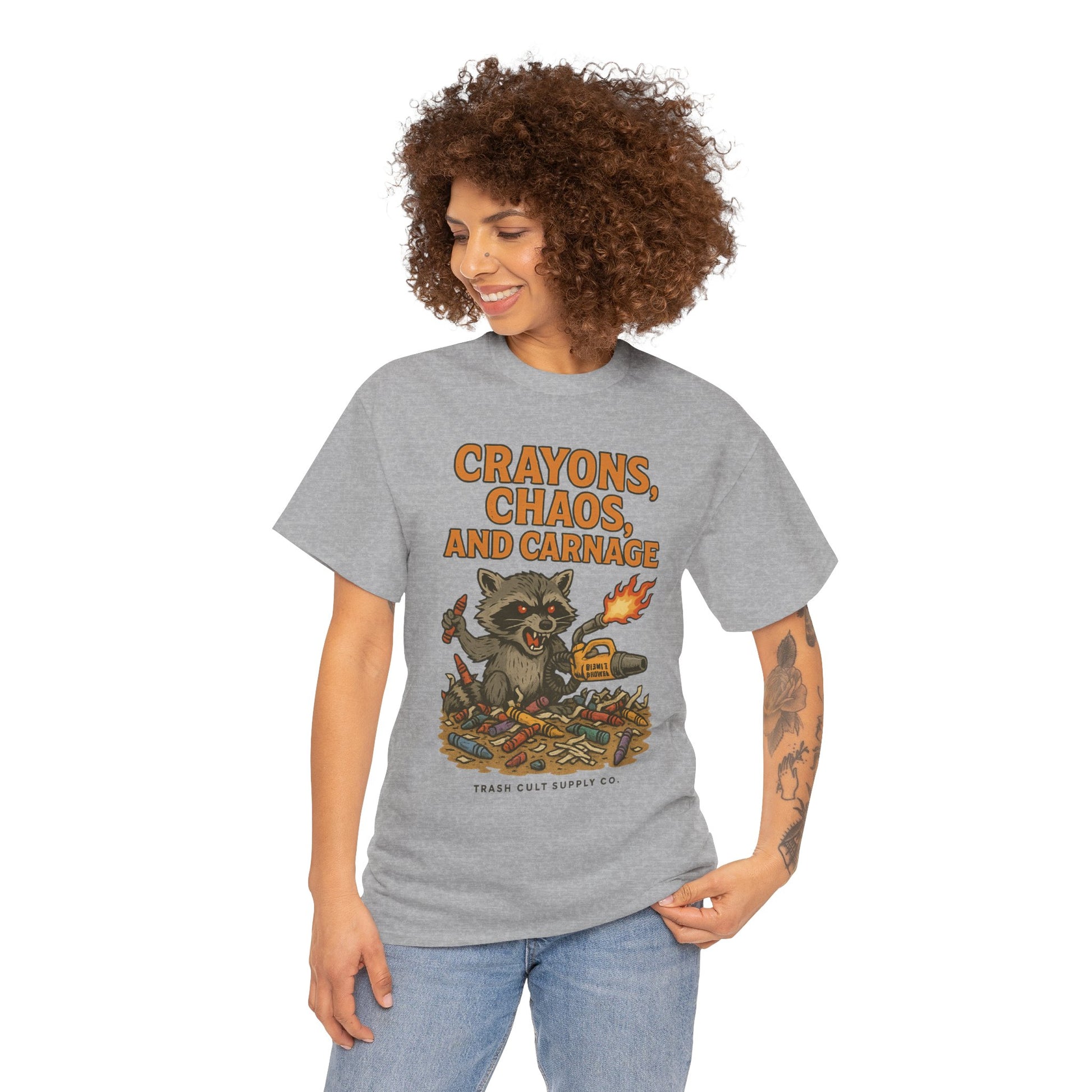 Crayons, Chaos, and Carnage T-Shirt – Dark Humor Raccoon Graphic | Trash Cult Supply Co. | Gildan 5000 Tee