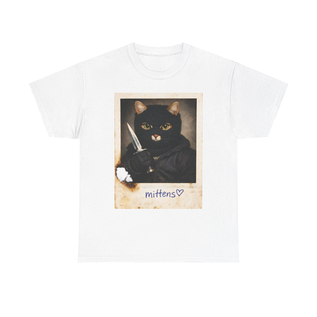 Cat With Knife Tee — "Mittens" Dark Humor Vintage Polaroid Graphic T-Shirt