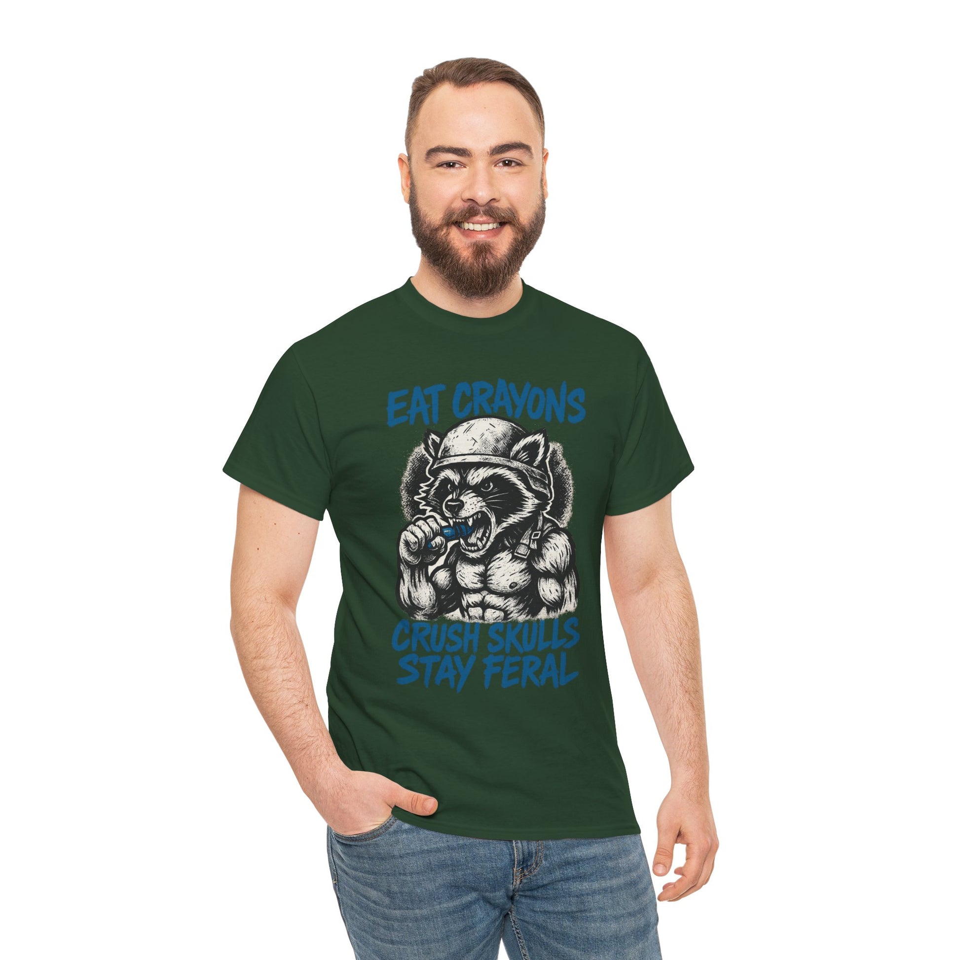 Eat Crayons Crush Skulls Stay Feral Military Raccoon Shirt – Gildan 5000
