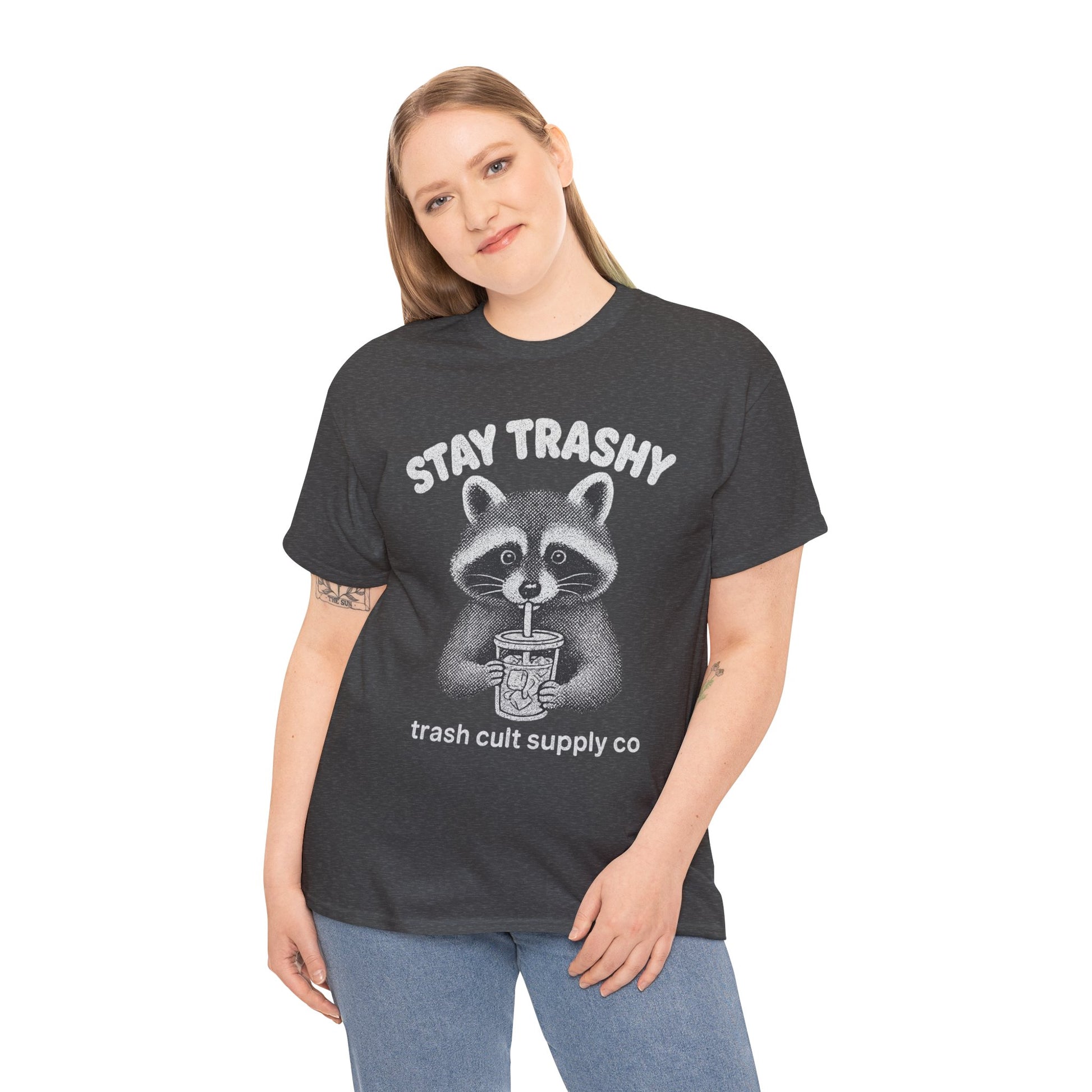 Stay Trashy Raccoon Iced Coffee Shirt – Halftone All White Design | Trash Cult Supply Co.
