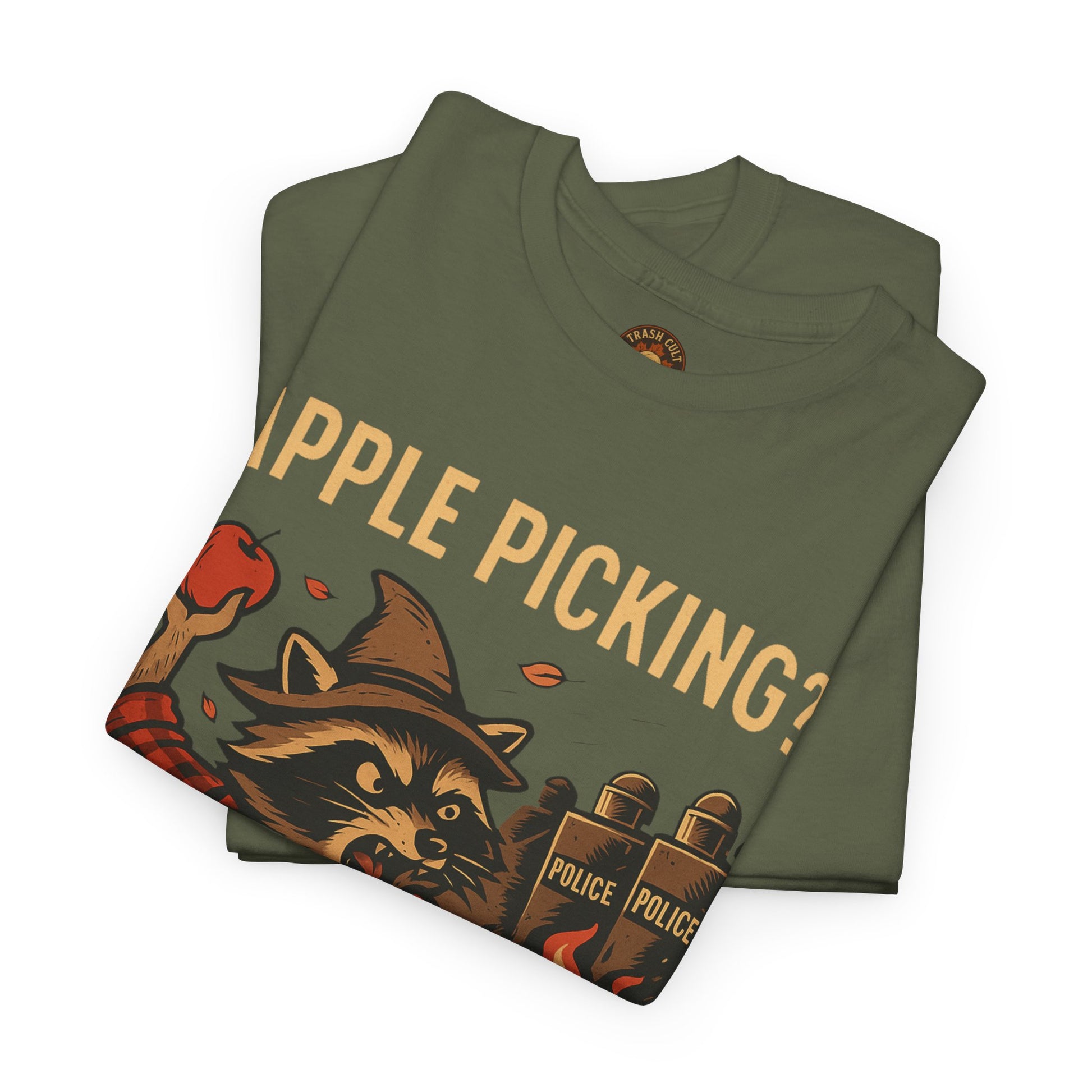 Apple Picking? I Pick Violence Shirt – Angry Raccoon Riot Tee – Fall of Humanity Collection – Trash Cult Supply Co.
