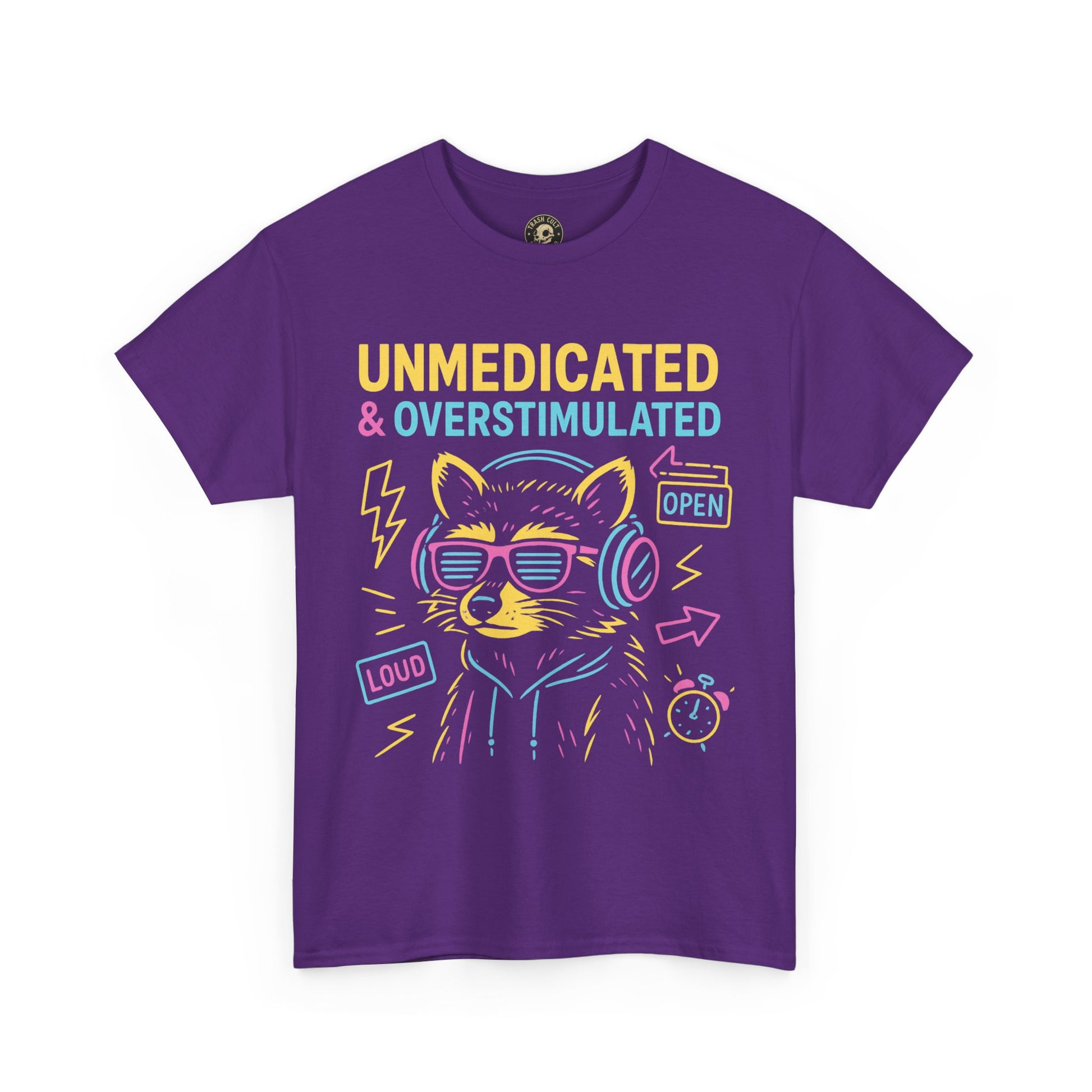 Unmedicated & Overstimulated Neon Raccoon ADHD Shirt – Trash Cult Supply Co. – Gildan 5000