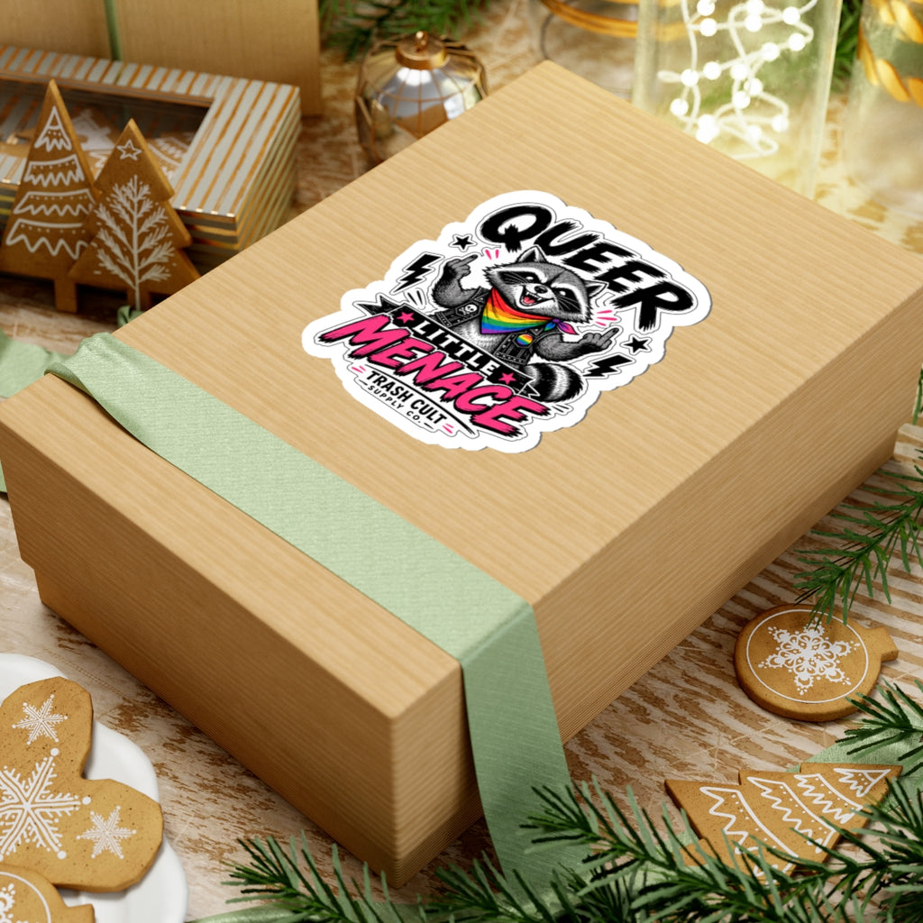 Queer Little Menace Sticker — Rainbow Raccoon Kiss-Cut Decal for Laptops & Pride