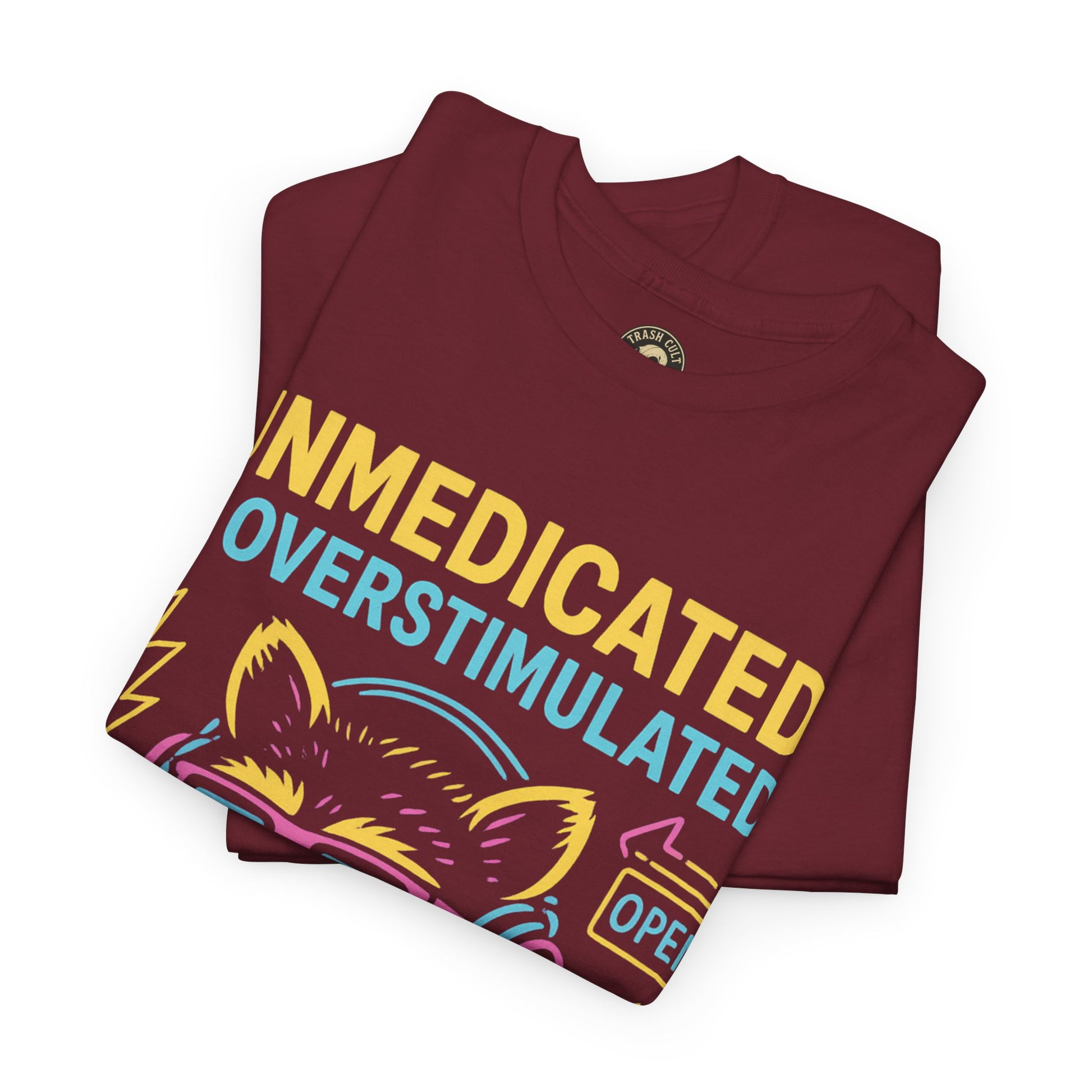 Unmedicated & Overstimulated Neon Raccoon ADHD Shirt – Trash Cult Supply Co. – Gildan 5000