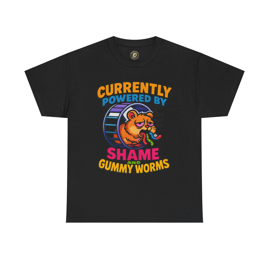 Gummy Worms Shame Tee – Funny Cotton T-Shirt, Powered by Shame & Snacks, Quirky Gift for Animal Lovers