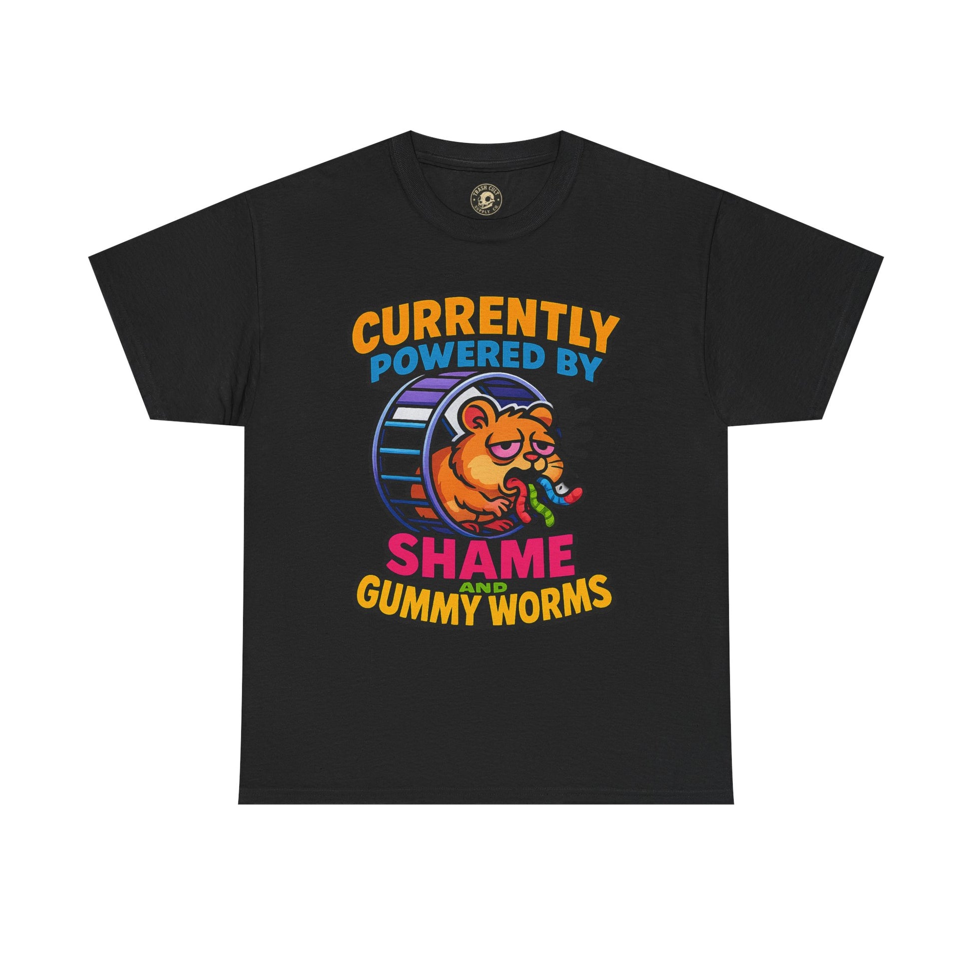 Gummy Worms Shame Tee – Funny Cotton T-Shirt, Powered by Shame & Snacks, Quirky Gift for Animal Lovers